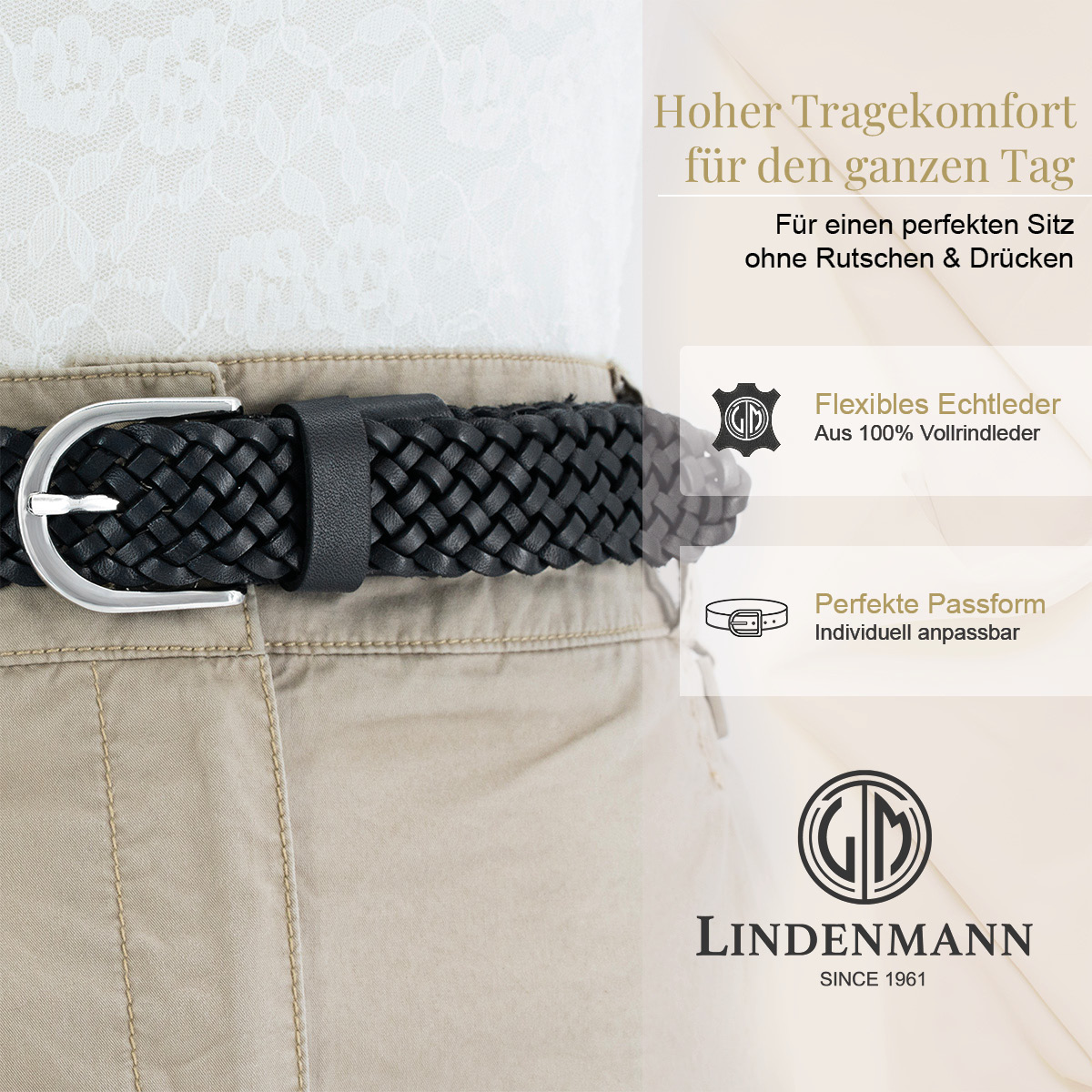 LINDENMANN Vollrindleder Damenlederflechtgürtel Tiefschwarz