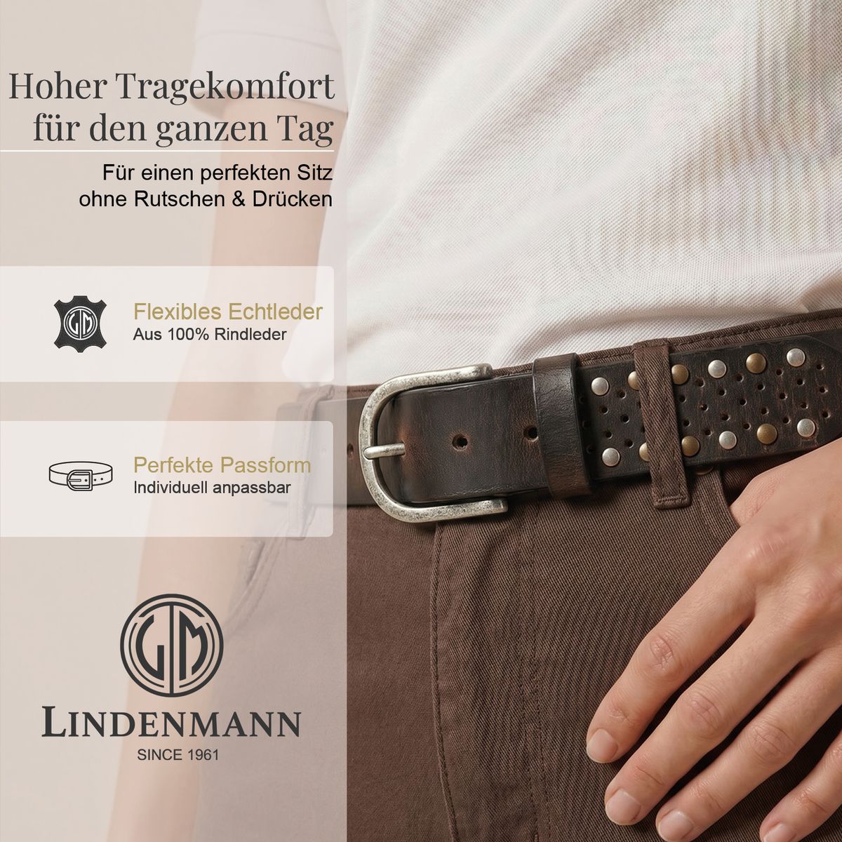 LINDENMANN Klassischer Damengürtel aus 100% Echtleder mit Nieten-Design dunkelbraun