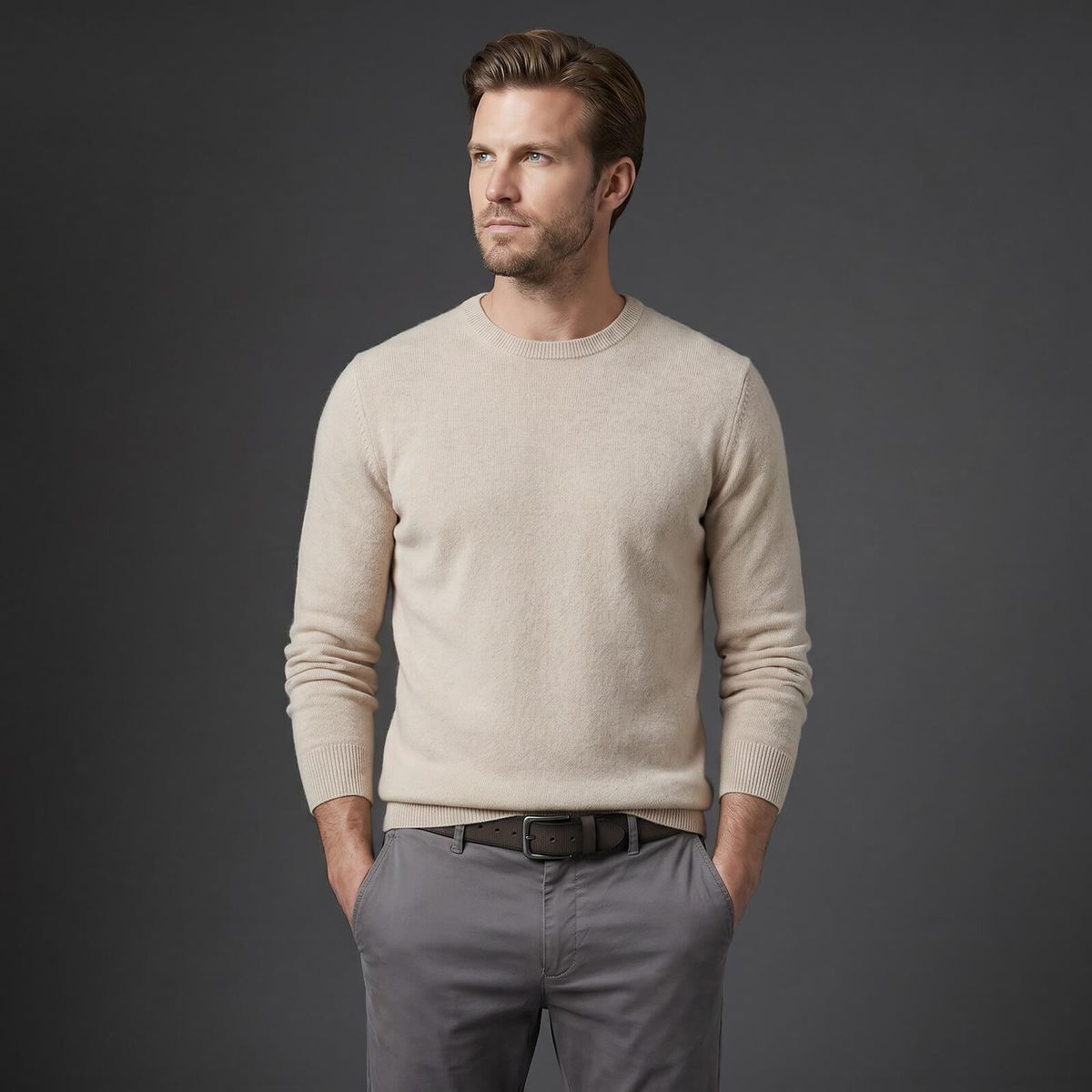 Pullover, Beige, Kleidung, Langarm, Kuschelig, LINDENMANN Vollrindledergürtel Herren Schokoladenbraun