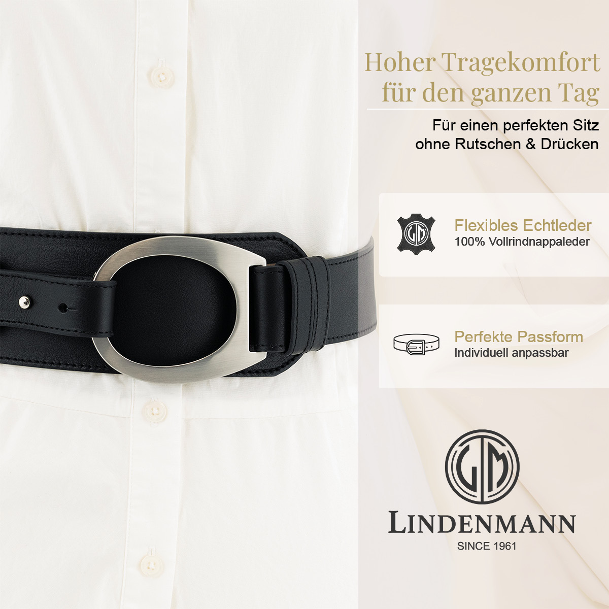 LINDENMANN Nappa Vollrindleder Damengürtel Tiefschwarz