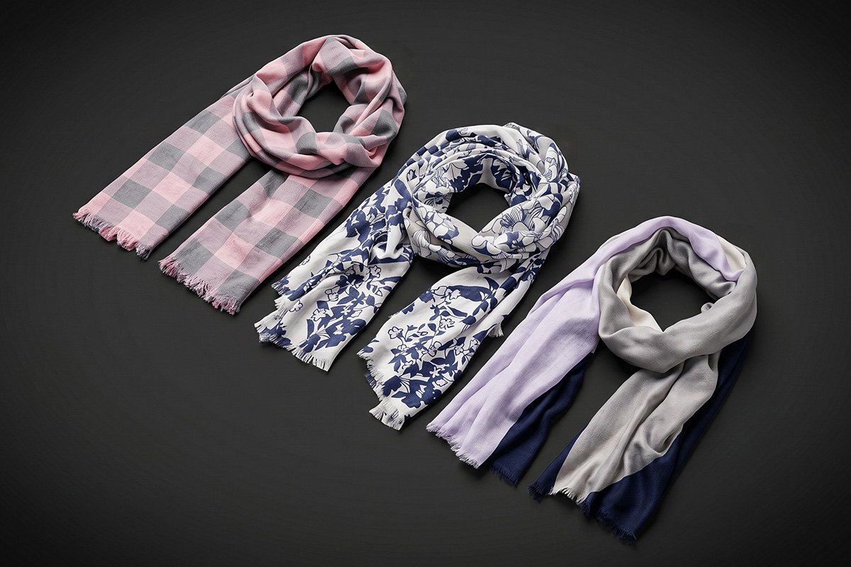 Schal, Streifen, Blumenmuster, Multicolor, Grau-Blau,