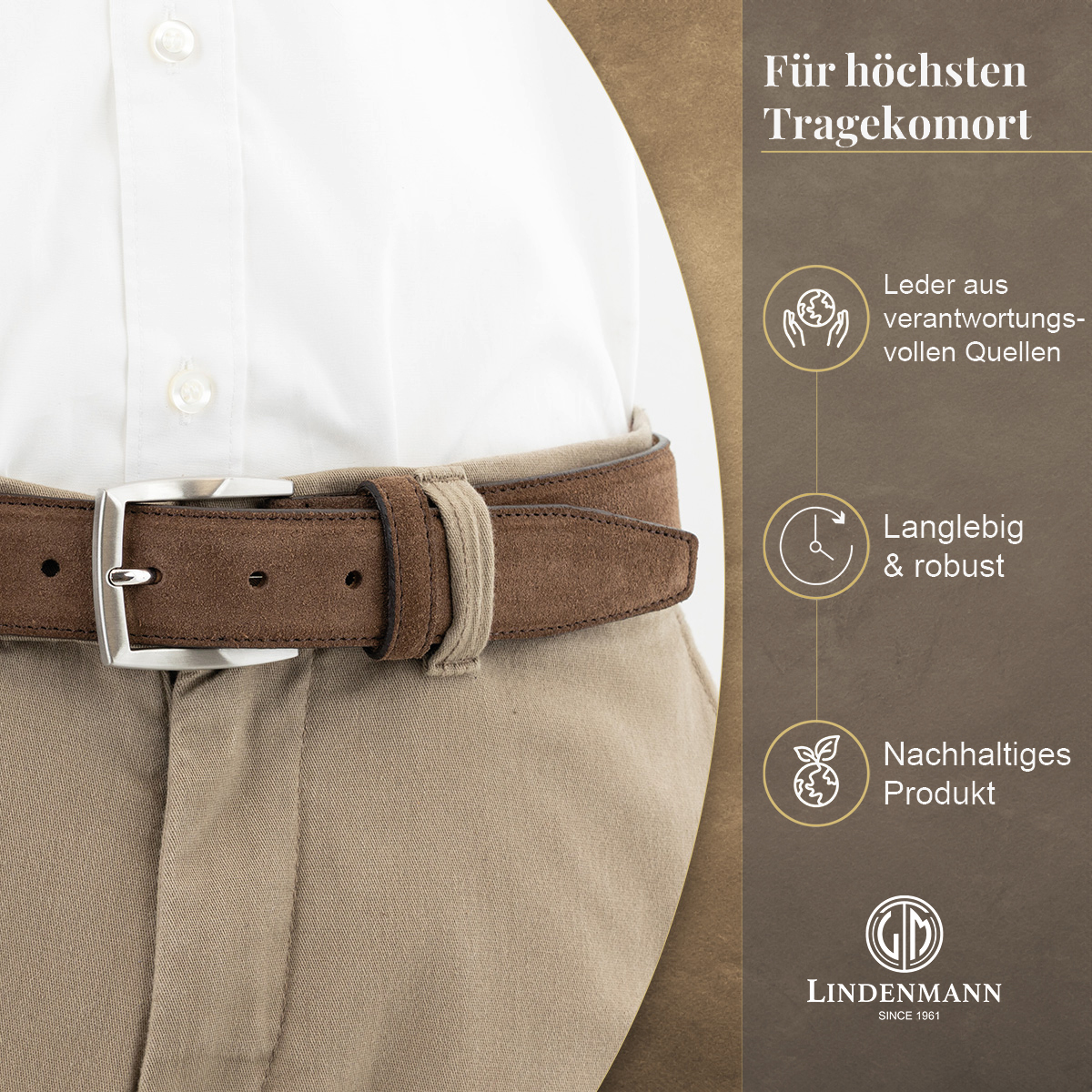 LINDENMANN Herrengürtel aus 100% Velours-Vollrindleder dunkelbraun