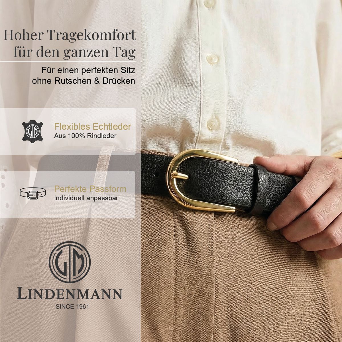 ledergürtel, schwarz, metallverschluss, geheftetes shirt, beige hose, LINDENMANN Damen Vollrindledergürtel aus 100% Echtleder schwarz