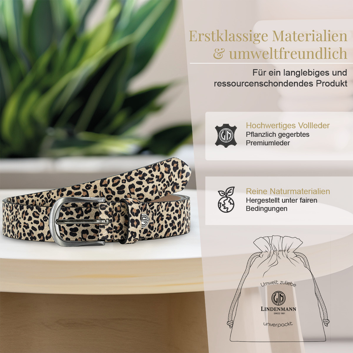 LINDENMANN Veloursleder Damengürtel Creme-Beige mit Leopardprägung