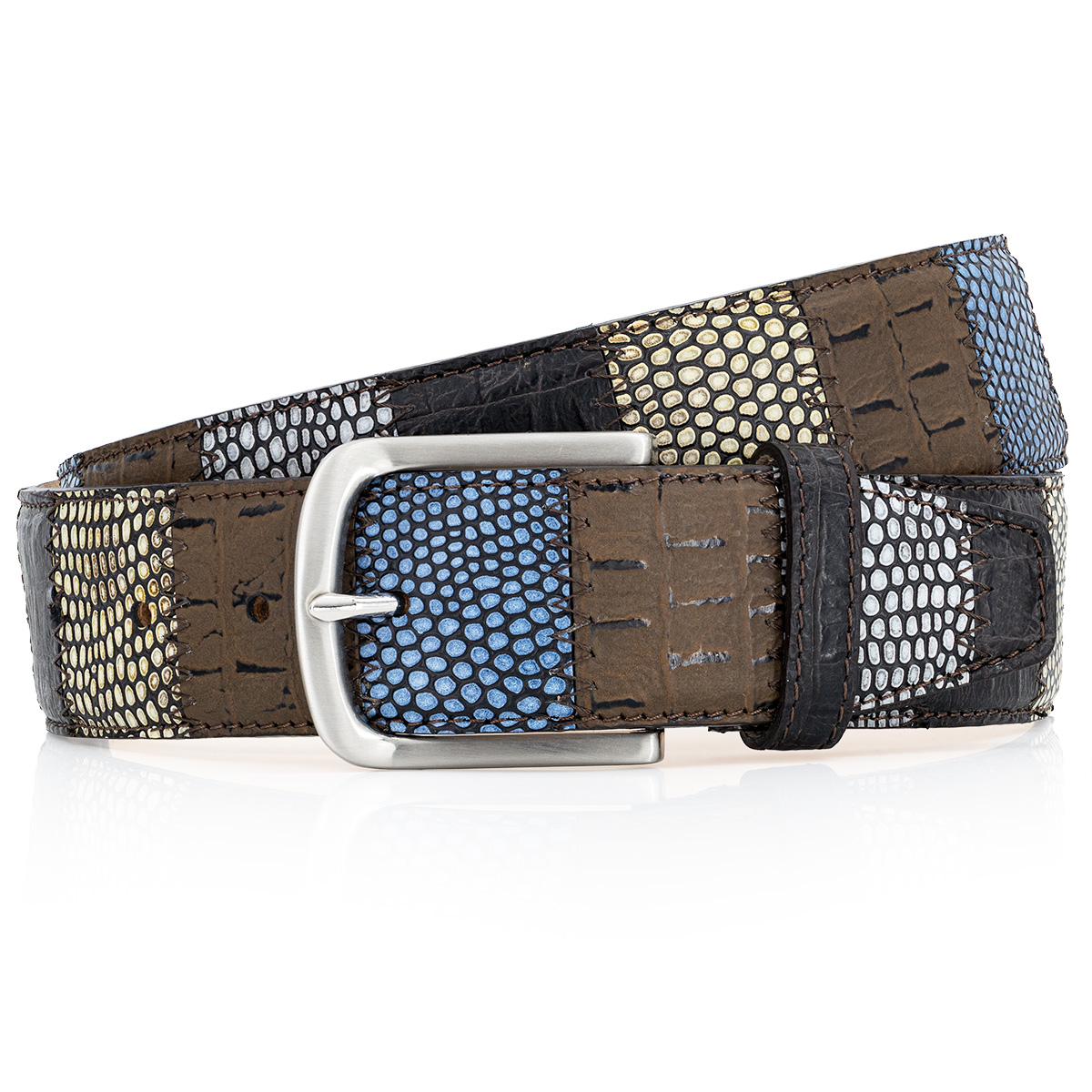 Gürtel, Leder, Patchwork, Muster, Metallöse, LINDENMANN Premium Handmade Vollrindledergürtel Herren mehrfabig patchwork