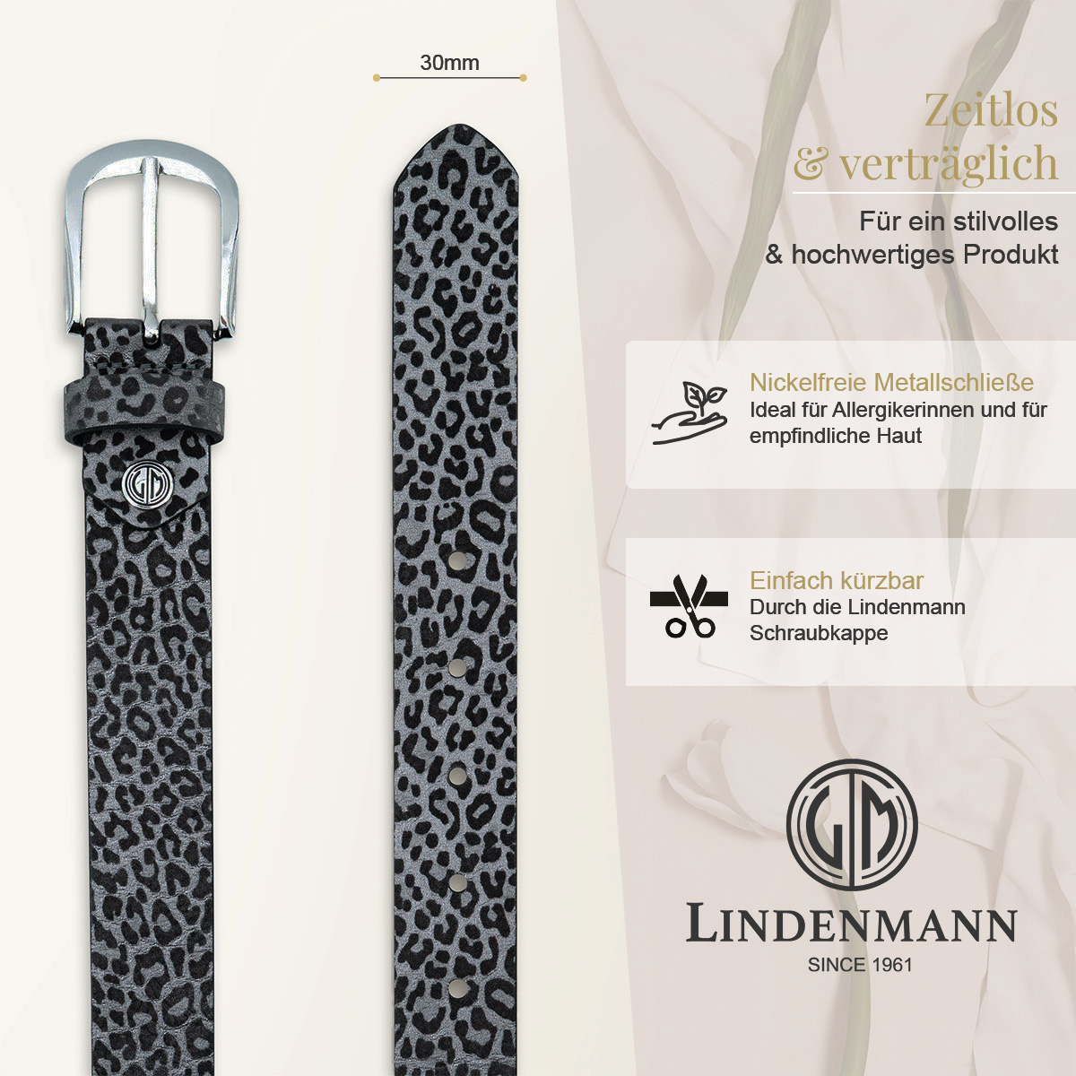 LINDENMANN Rindleder Damengürtel Grau mit Leopardmuster