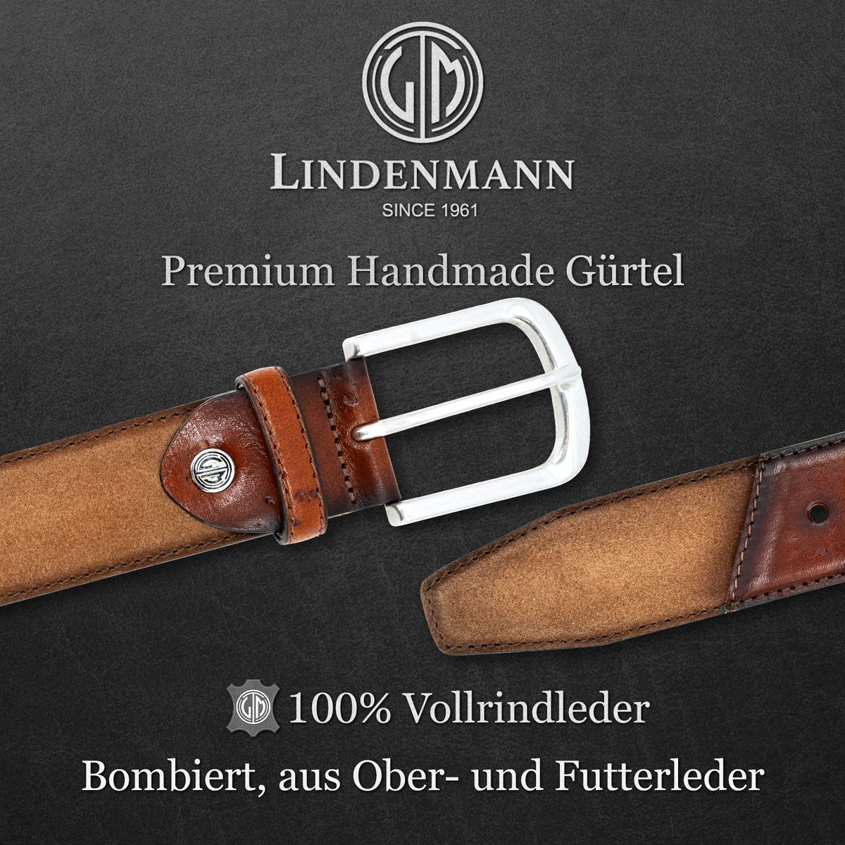 LINDENMANN Handmade Rindleder Herrengürtel cognac