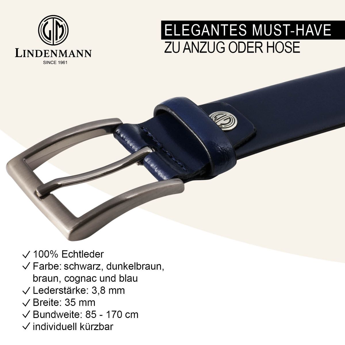 LINDENMANN Anzug-Ledergürtel Herren 35 mm XL Rindleder marine