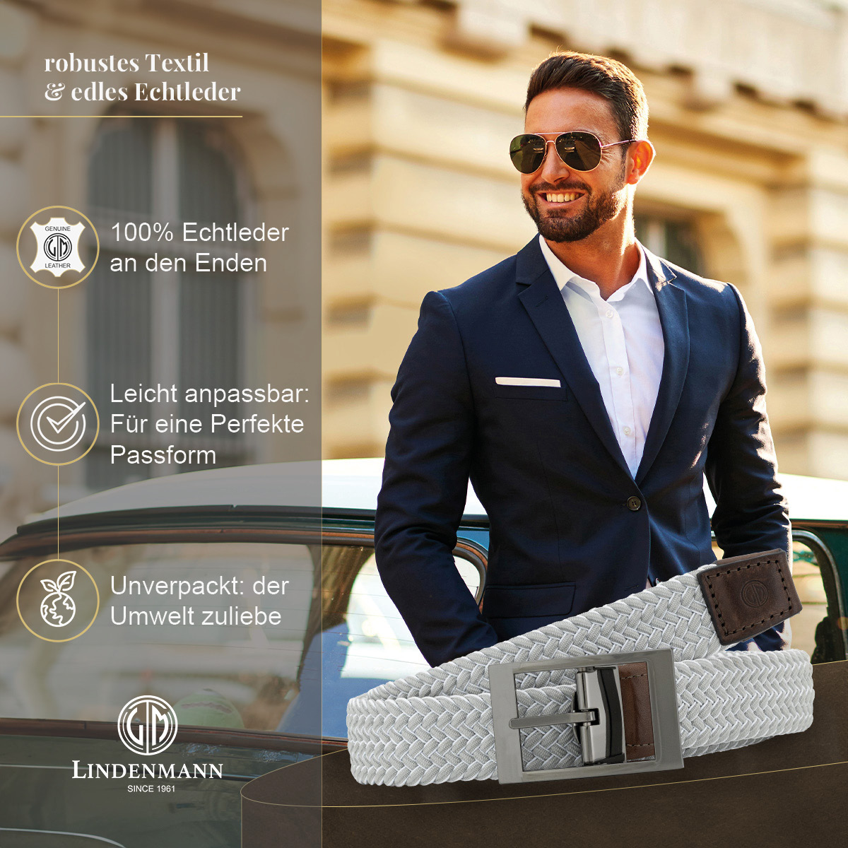 LINDENMANN Textilflechtgürtel Herrengürtel Hellgrau