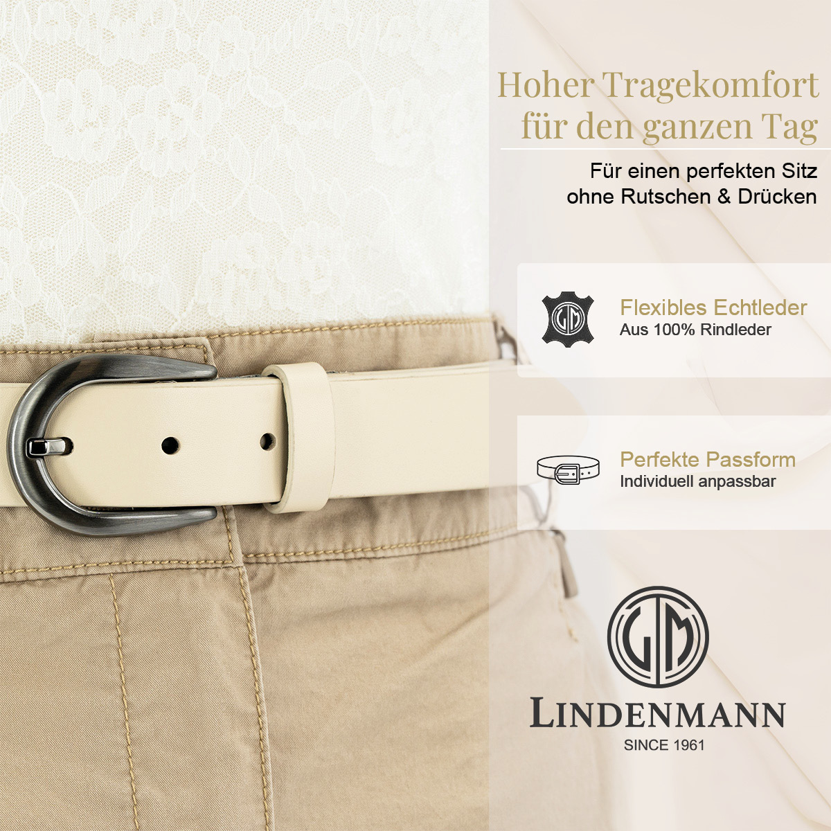 LINDENMANN Rindsleder Damengürtel Creme-Beige