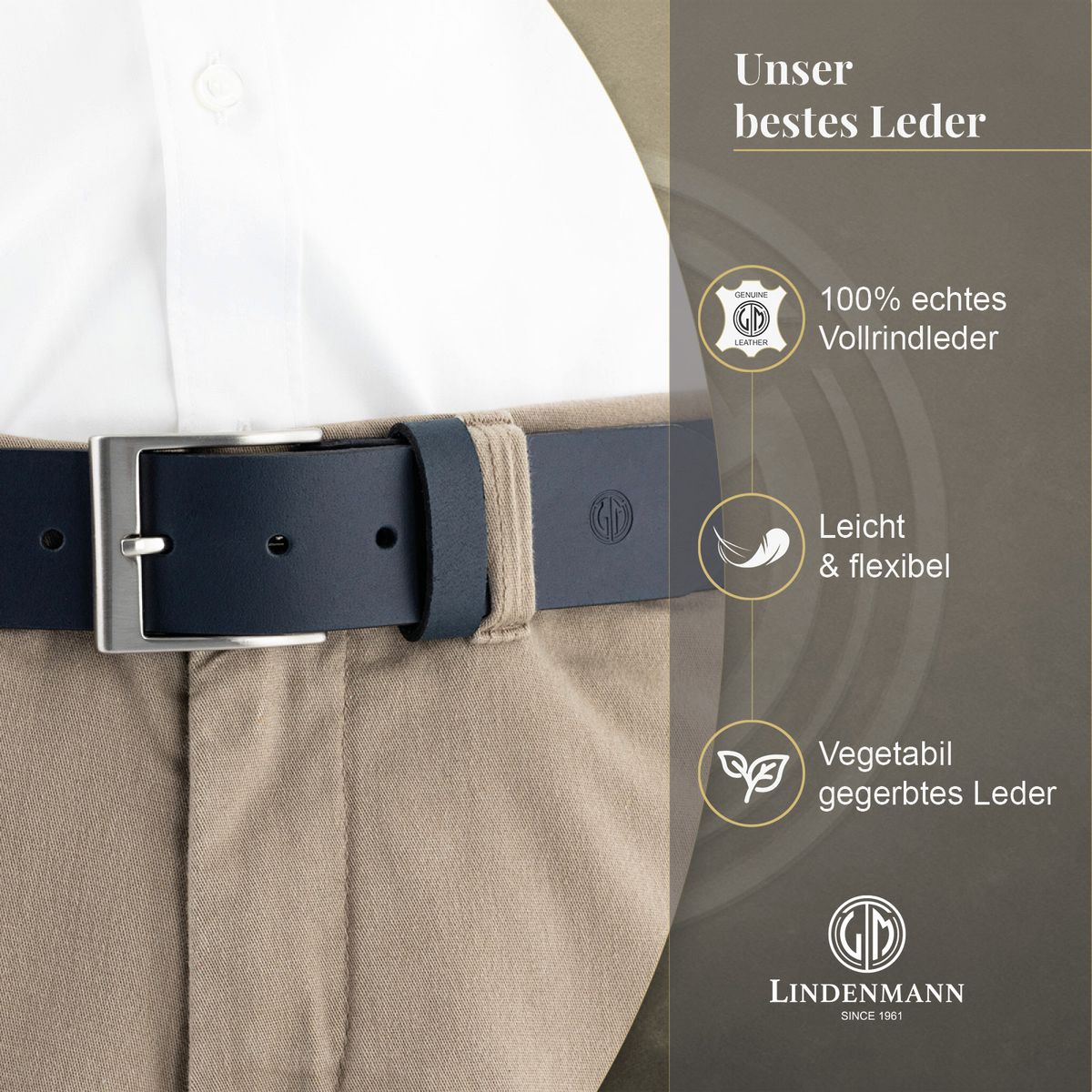 LINDENMANN Herren Jeansgürtel Echtleder marine