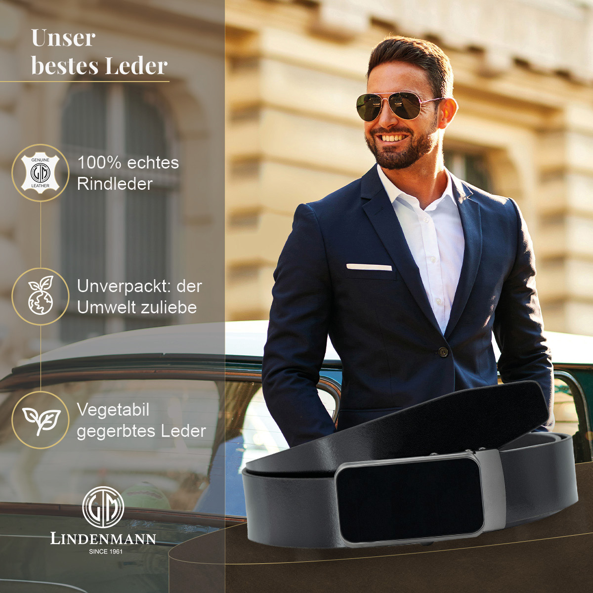 LINDENMANN Vollrindleder Herrenautomatikgürtel Onyx