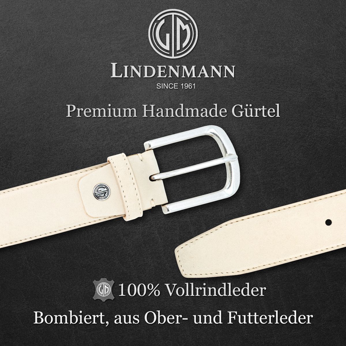 LINDENMANN Handmade Nubukleder Herrengürtel Creme-Beige