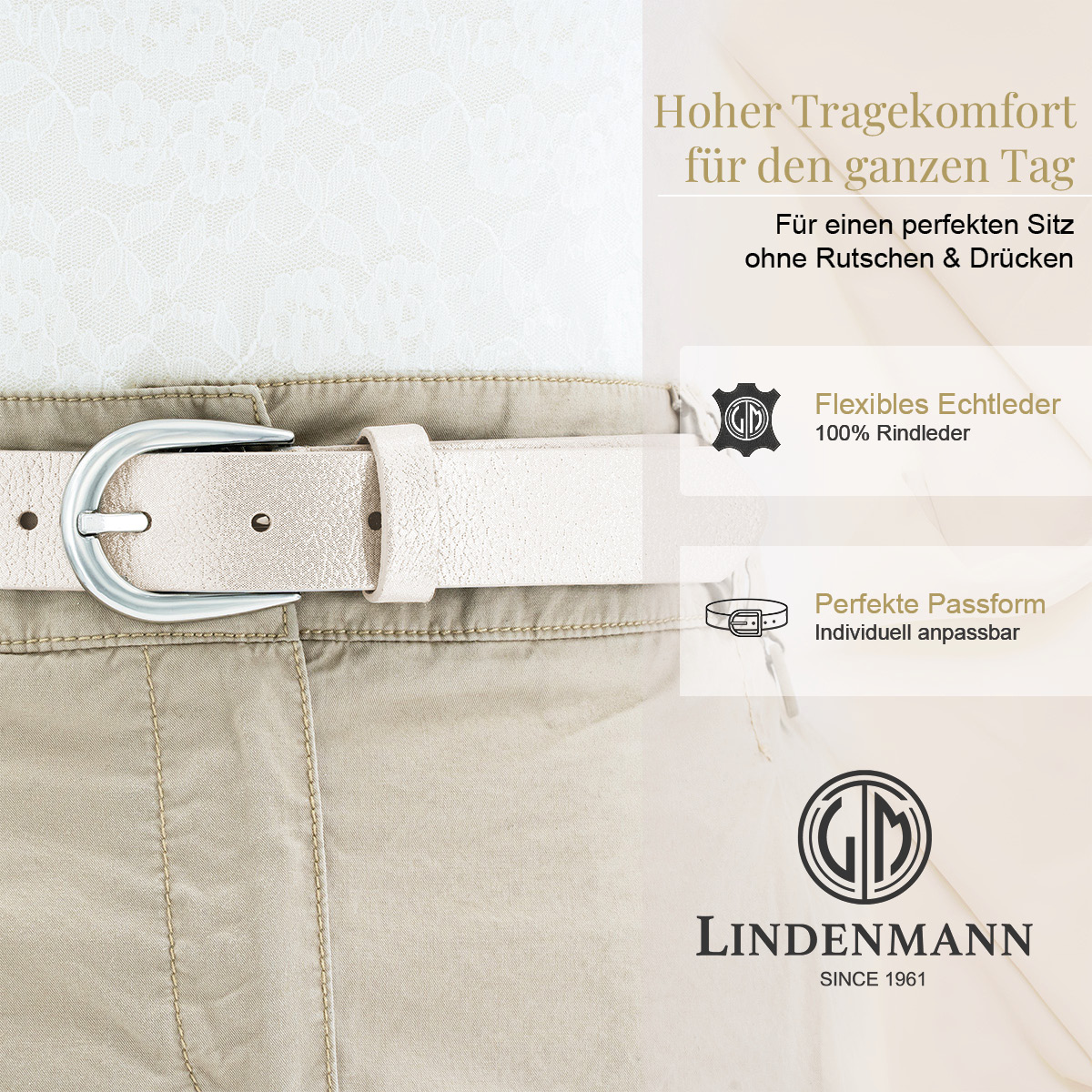 LINDENMANN Rindleder Damengürtel Creme-Beige