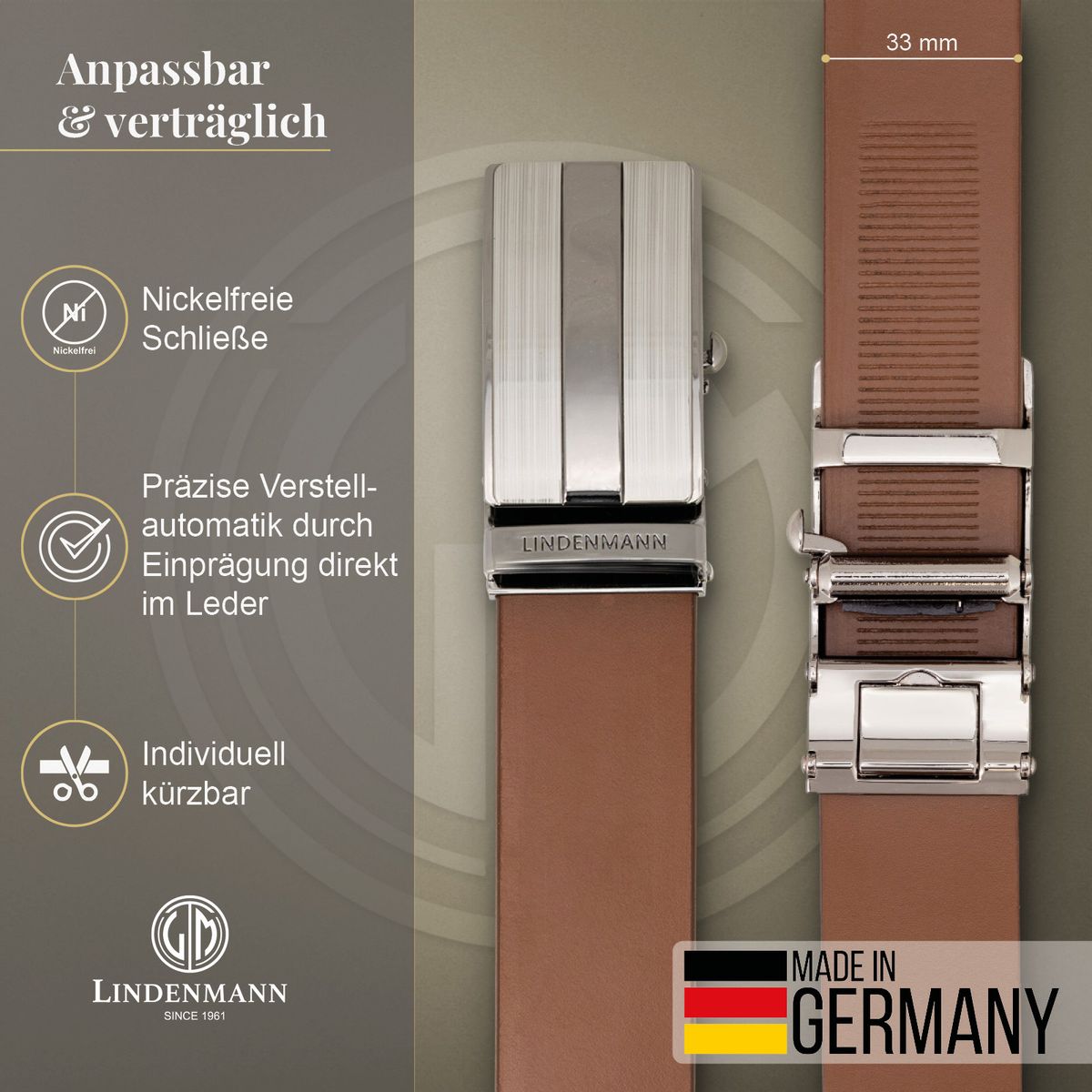LINDENMANN Ledergürtel Automatikgürtel Herren cognac