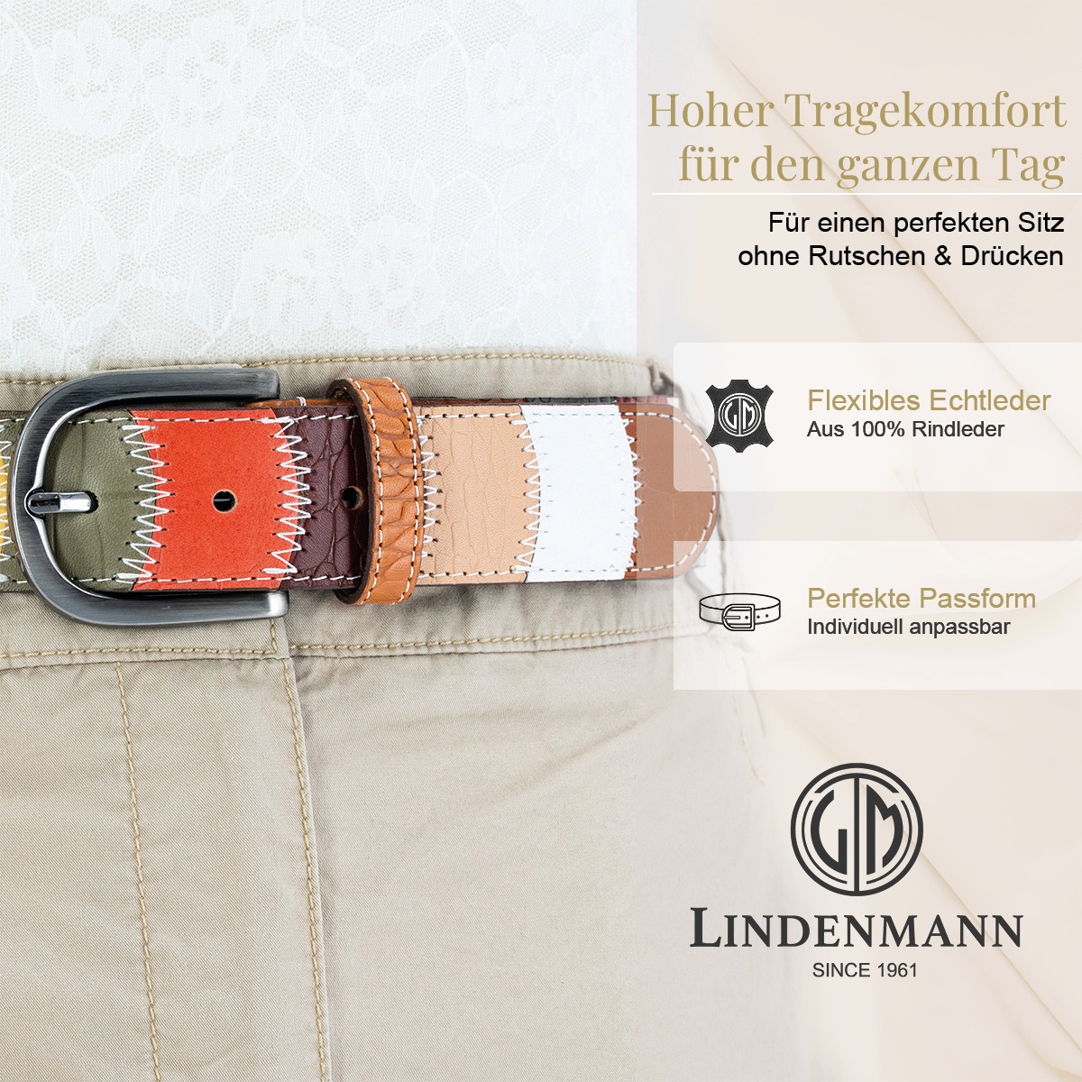 LINDENMANN Rindleder Patchwork Damengürtel Mehrfarbig