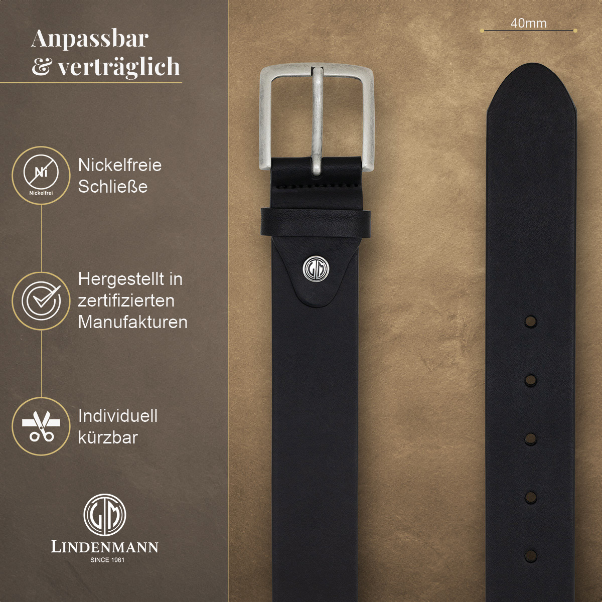 LINDENMANN Vollrindledergürtel Herren Tiefschwarz
