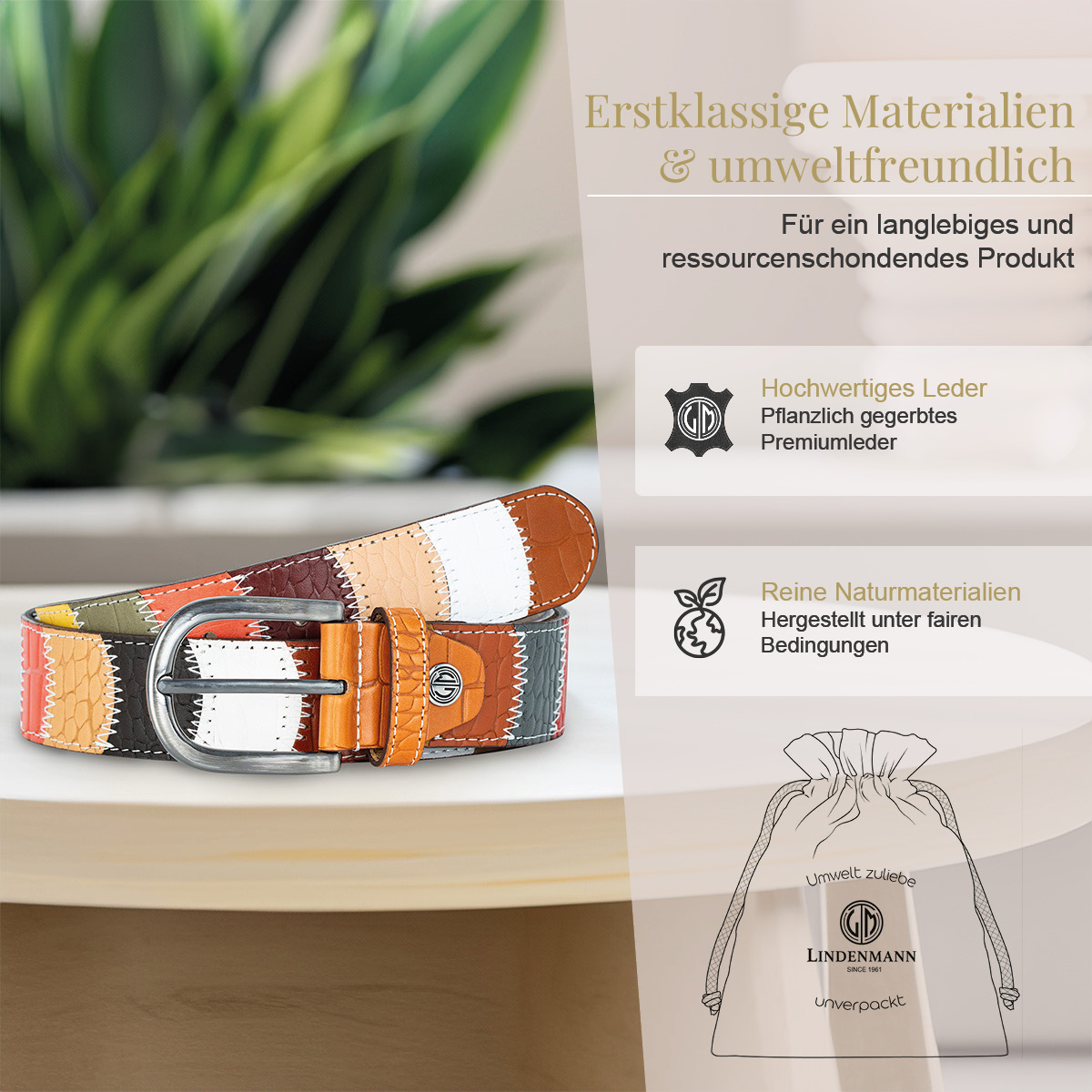 LINDENMANN Rindleder Patchwork Damengürtel Mehrfarbig