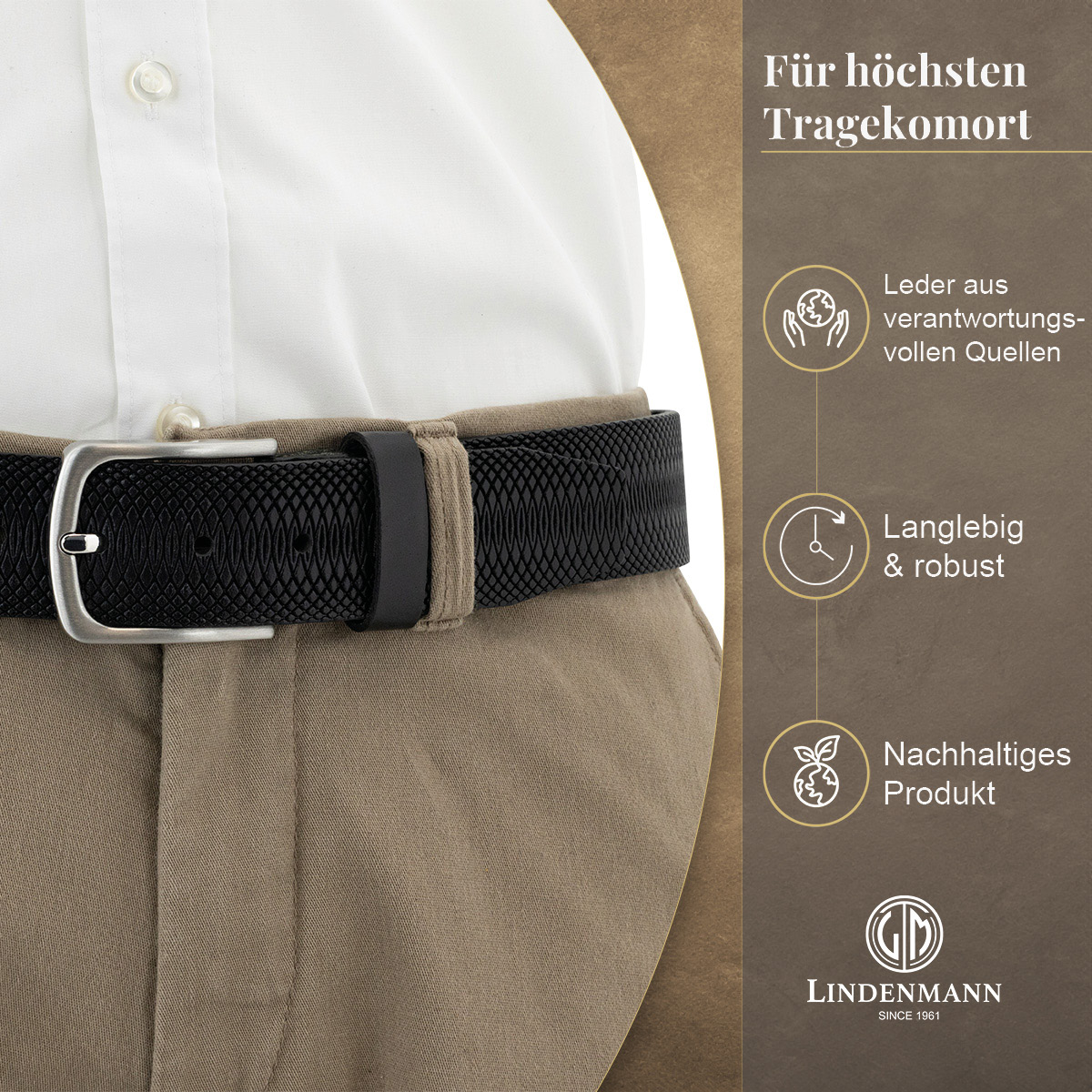 LINDENMANN Vollrindledergürtel Herren Tiefschwarz