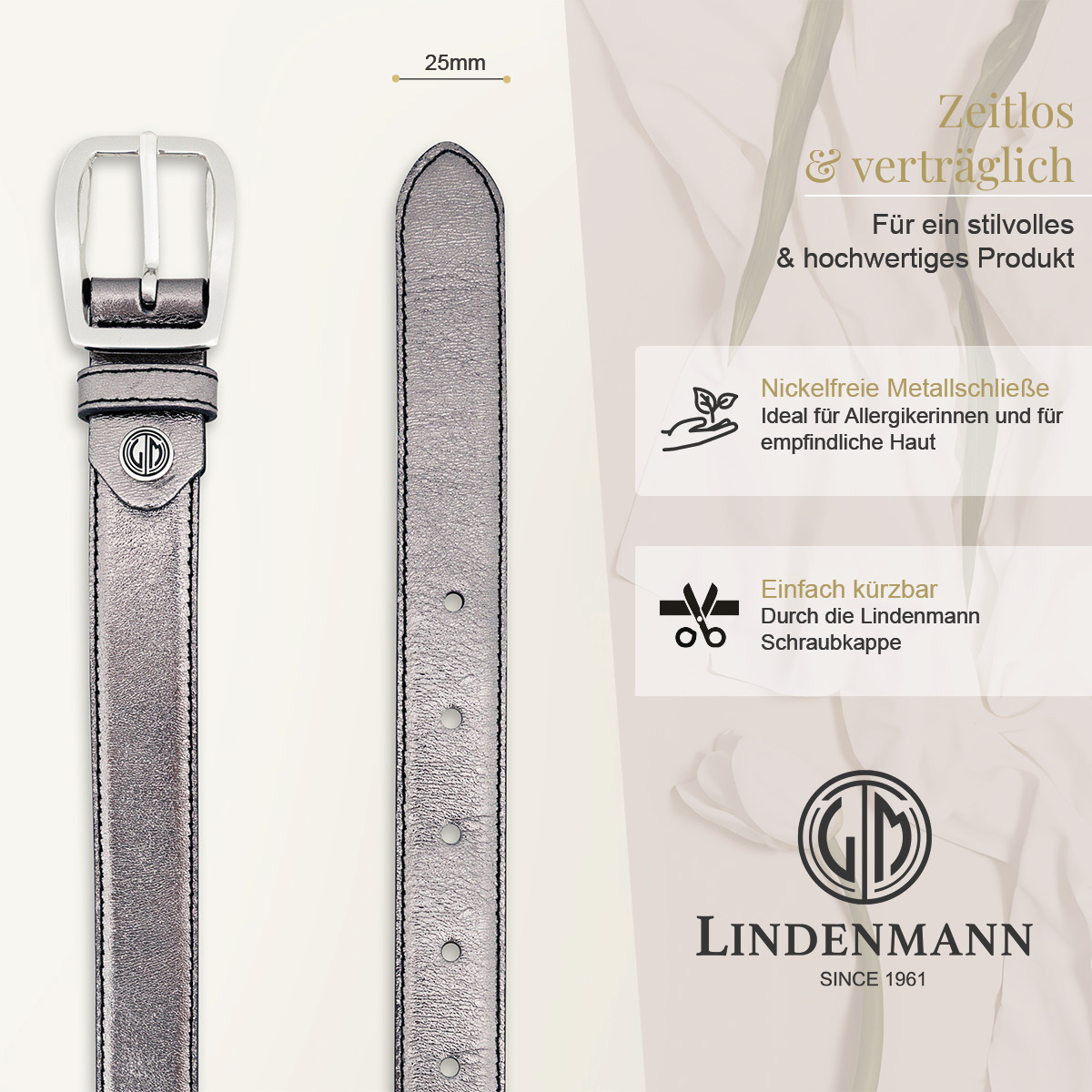 LINDENMANN Rindleder Damengürtel Silber Metallic