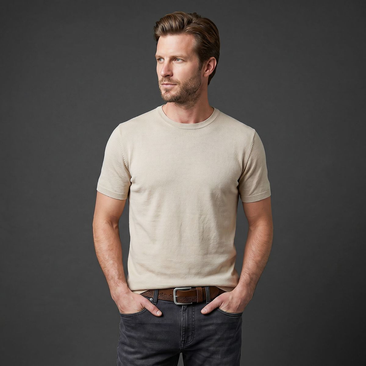 T-Shirts, Beige, Kurzarm, Kleidung, Herren, LINDENMANN Vollrindledergürtel Herren Nussbraun