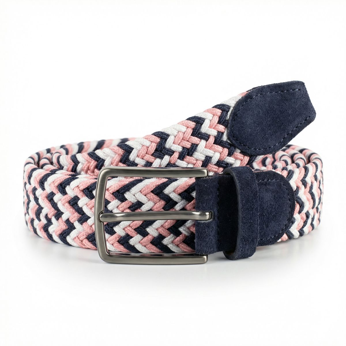 LINDENMANN Herren Flechtgürtel mit Enden aus 100% echtem Veloursleder lachs-marine-weiss