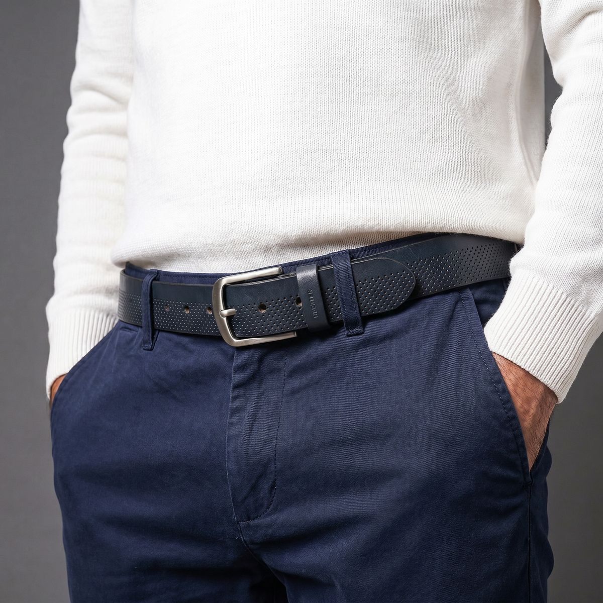 Gürtel, Leder, perforiert, blau, Taille, HECHTER Paris Herren Casual Echtledergürtel marine