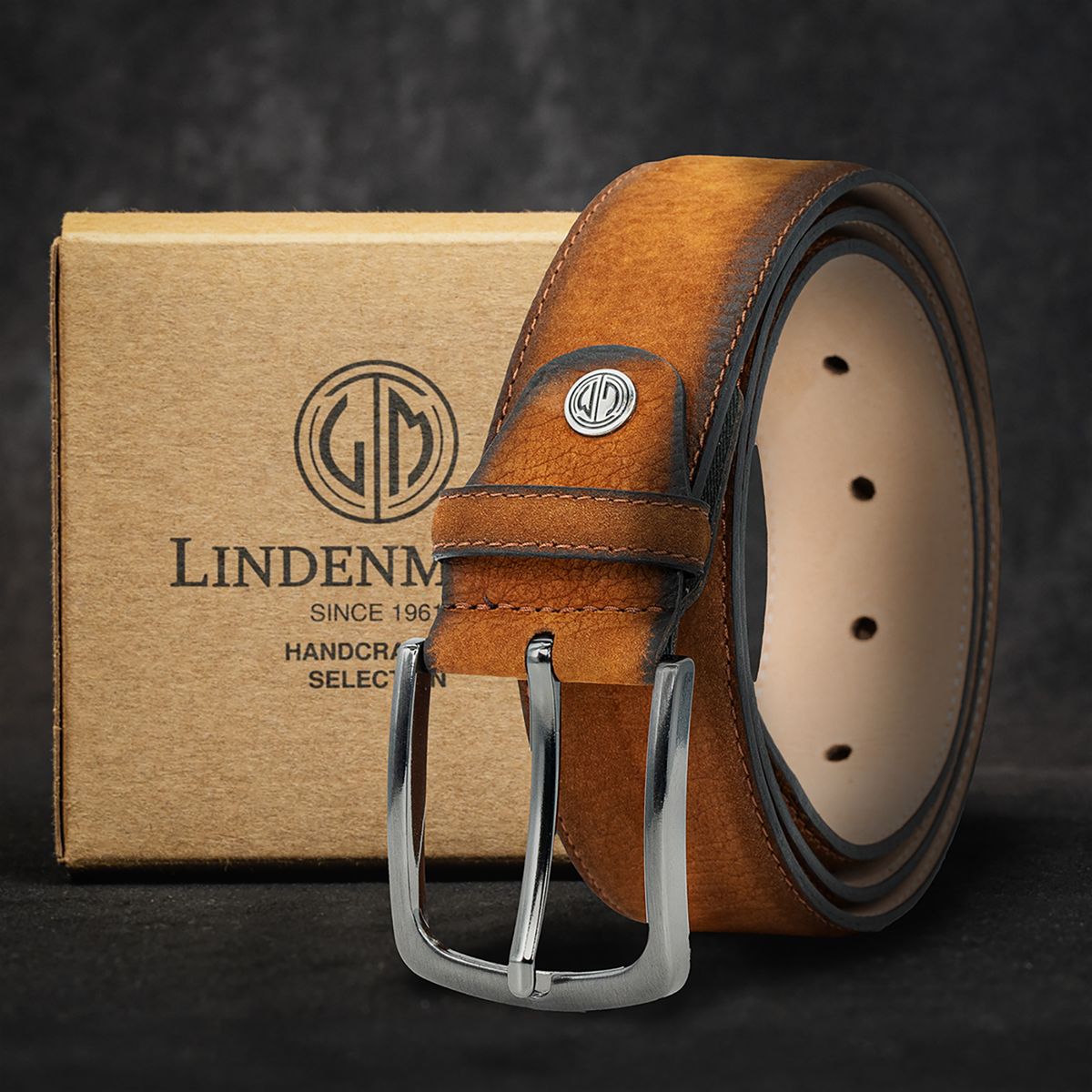 LINDENMANN Herren Ledergürtel Handmade cognac
