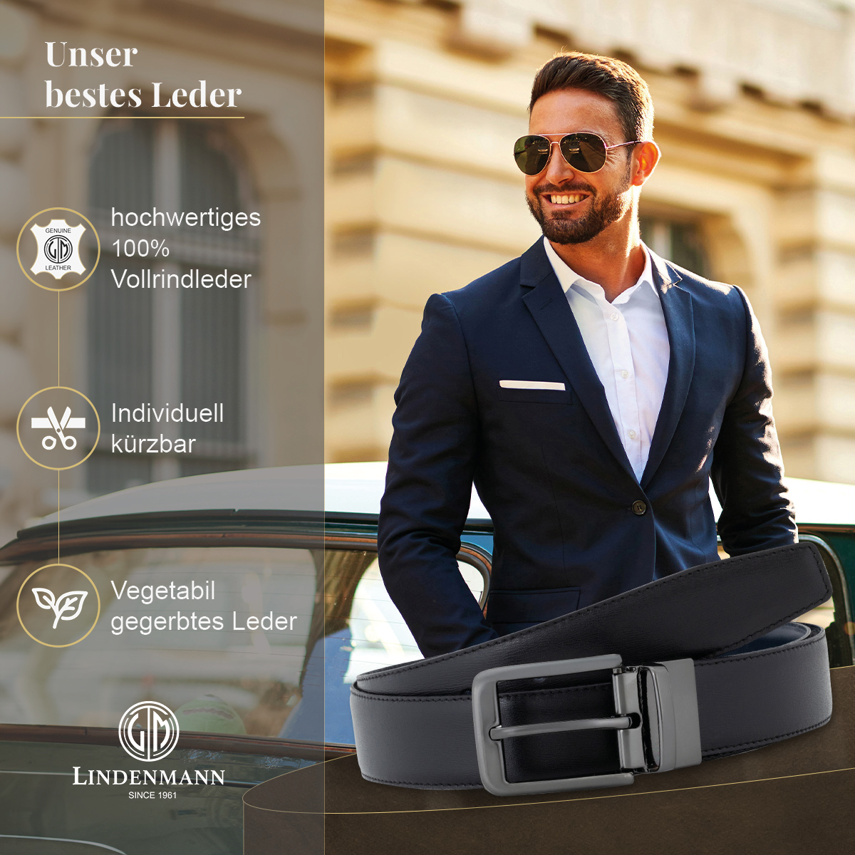 LINDENMANN Herrenwendegürtel aus 100% Vollrindleder schwarz/marine