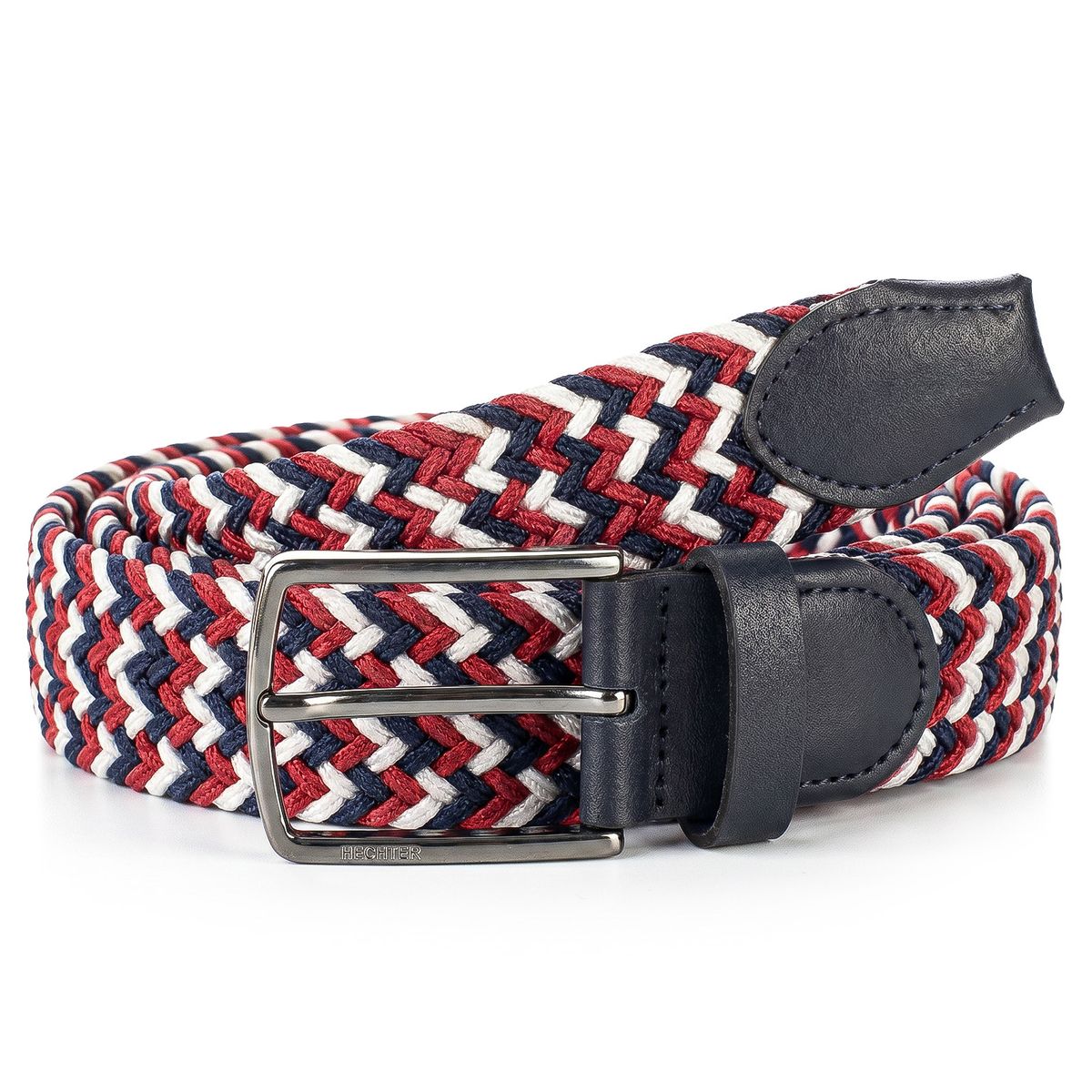 Gürtel, geflochten, Tricolor, Webgürtel, Metallspannung, HECHTER Paris Herren Textil-Flechtgürtel mit 100% Echtlederenden rot/weiss/marine