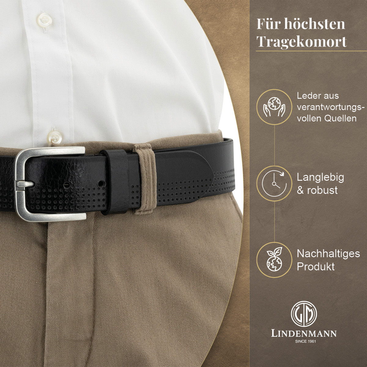 LINDENMANN Vollrindledergürtel Herren Tiefschwarz