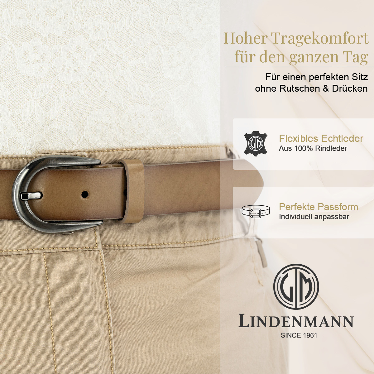 LINDENMANN Rindsleder Damengürtel Taupe