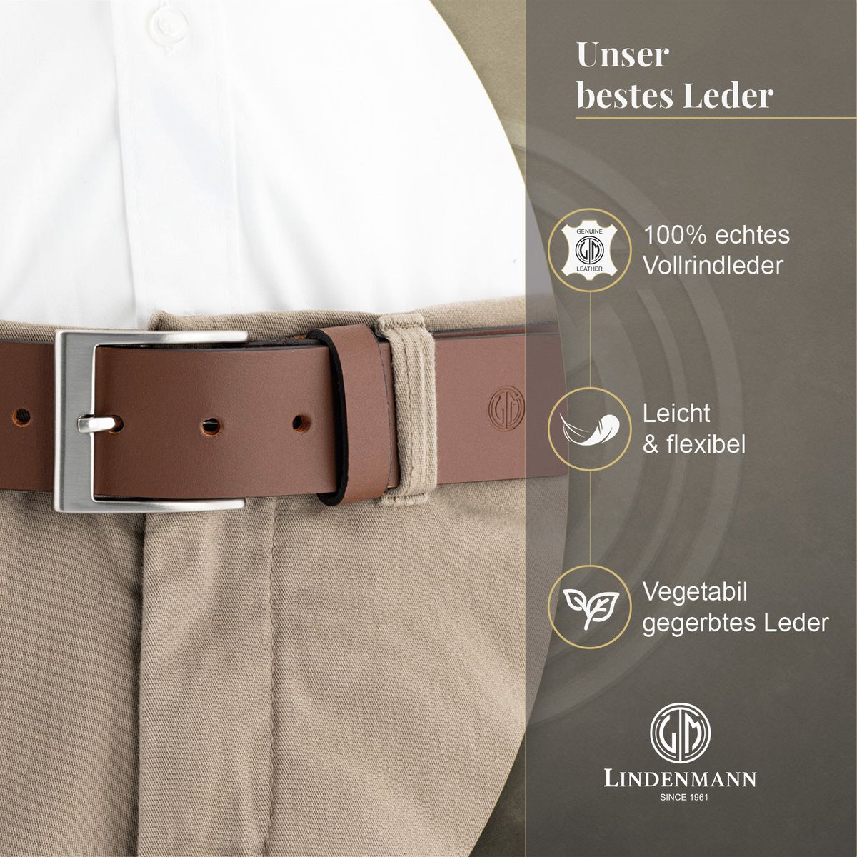 LINDENMANN Herren Jeansgürtel Echtleder cognac