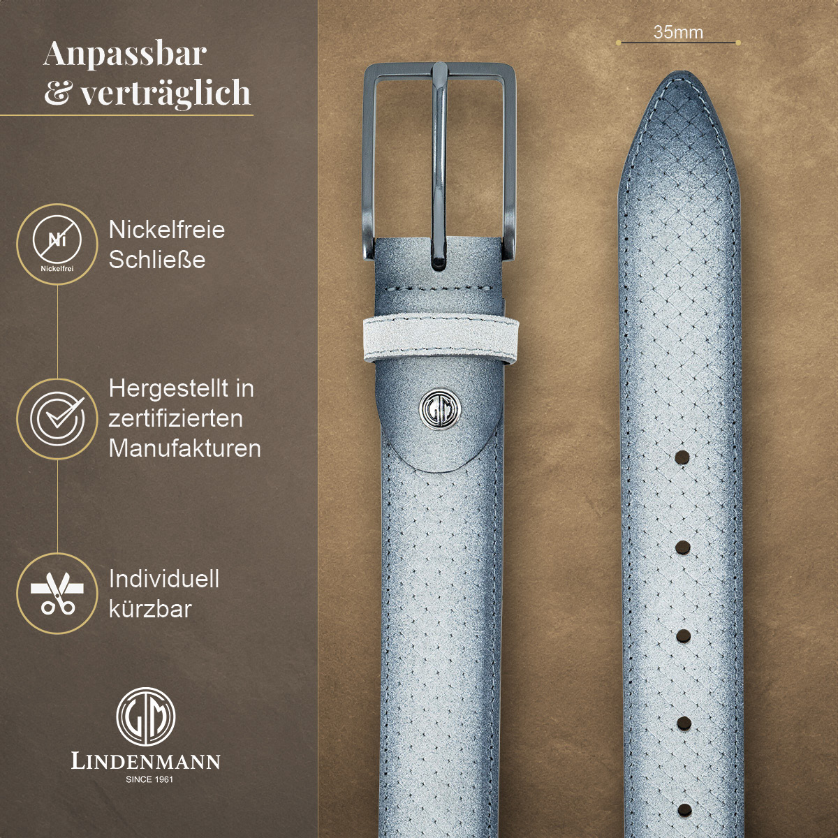 LINDENMANN Vollrindleder Herrengürtel Hellgrau