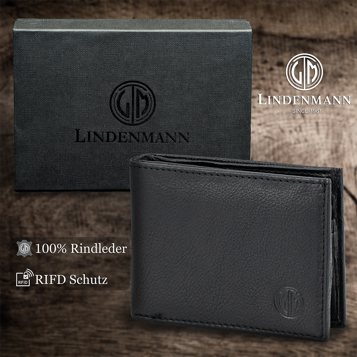 LINDENMANN Herren Leder Portemonnaie schwarz