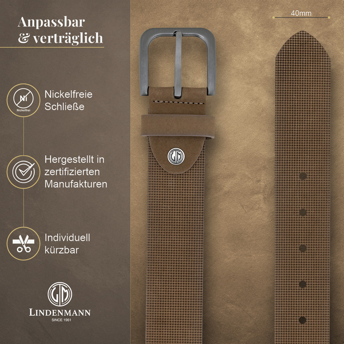 LINDENMANN Vollrindledergürtel Herren Taupe