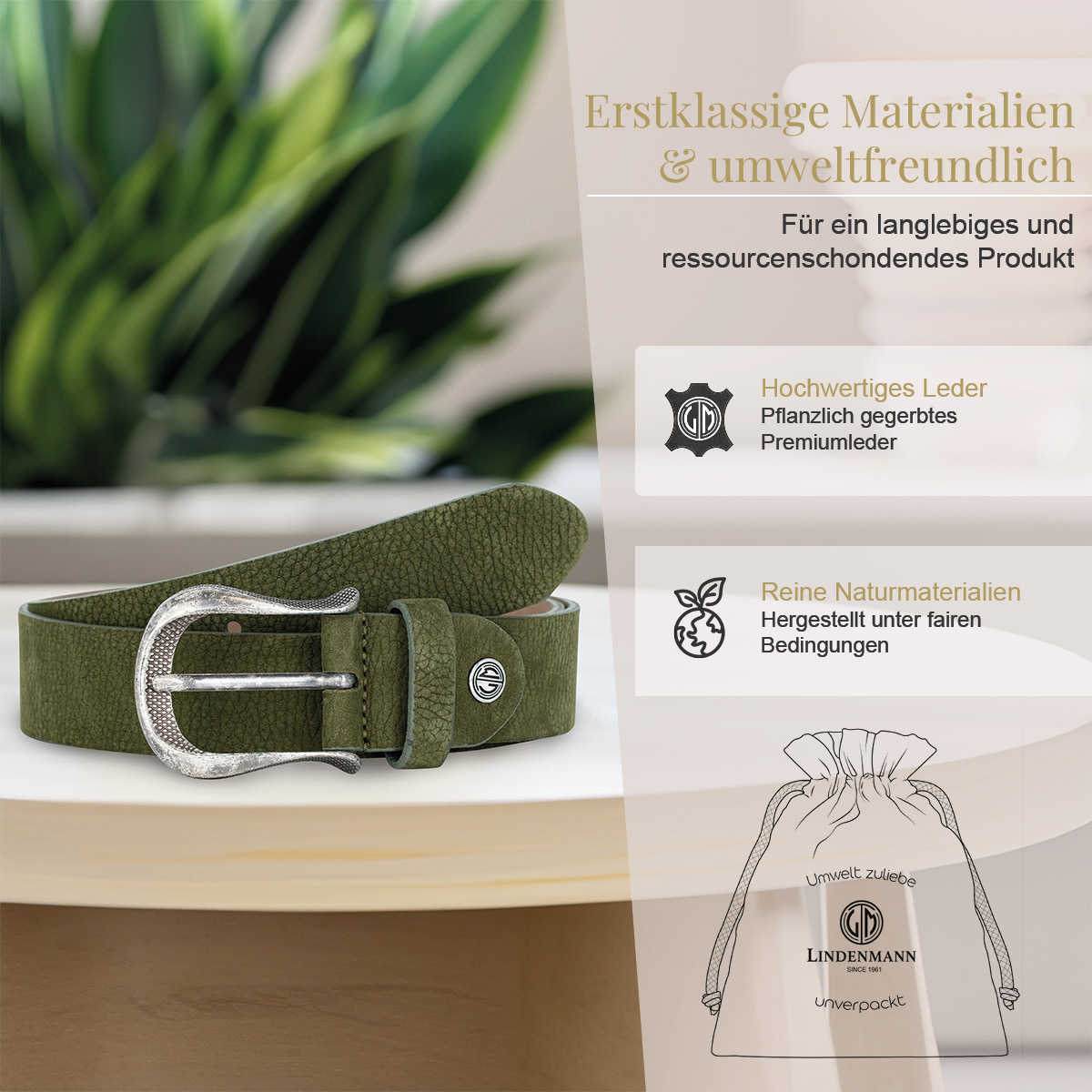LINDENMANN Nubuk Vollrindleder Damengürtel Olivgrün