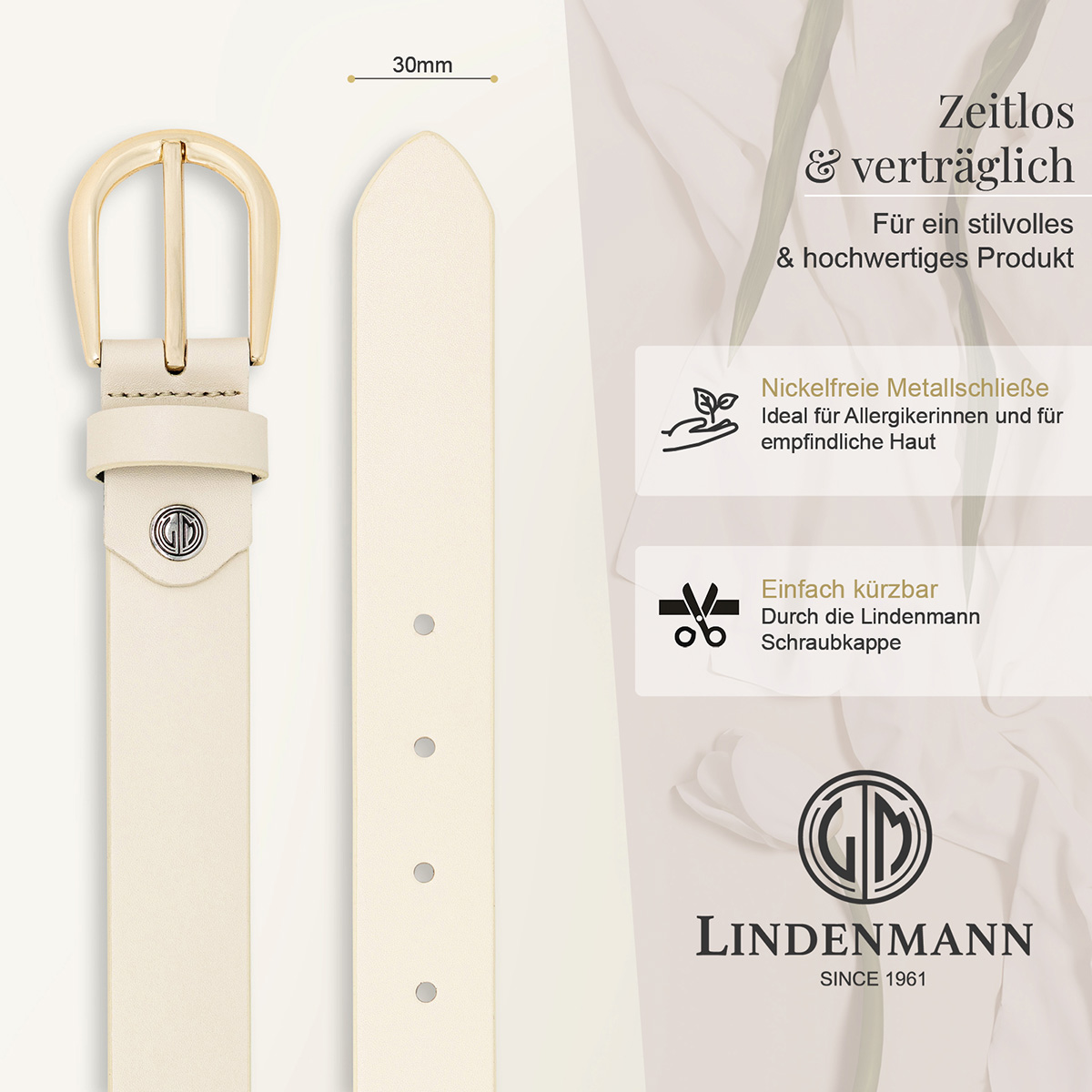 Gürtel, Leder, Beige, Metallrohr, Drehverschluss, LINDENMANN Damen Vollrindledergürtel aus 100% Echtleder beige