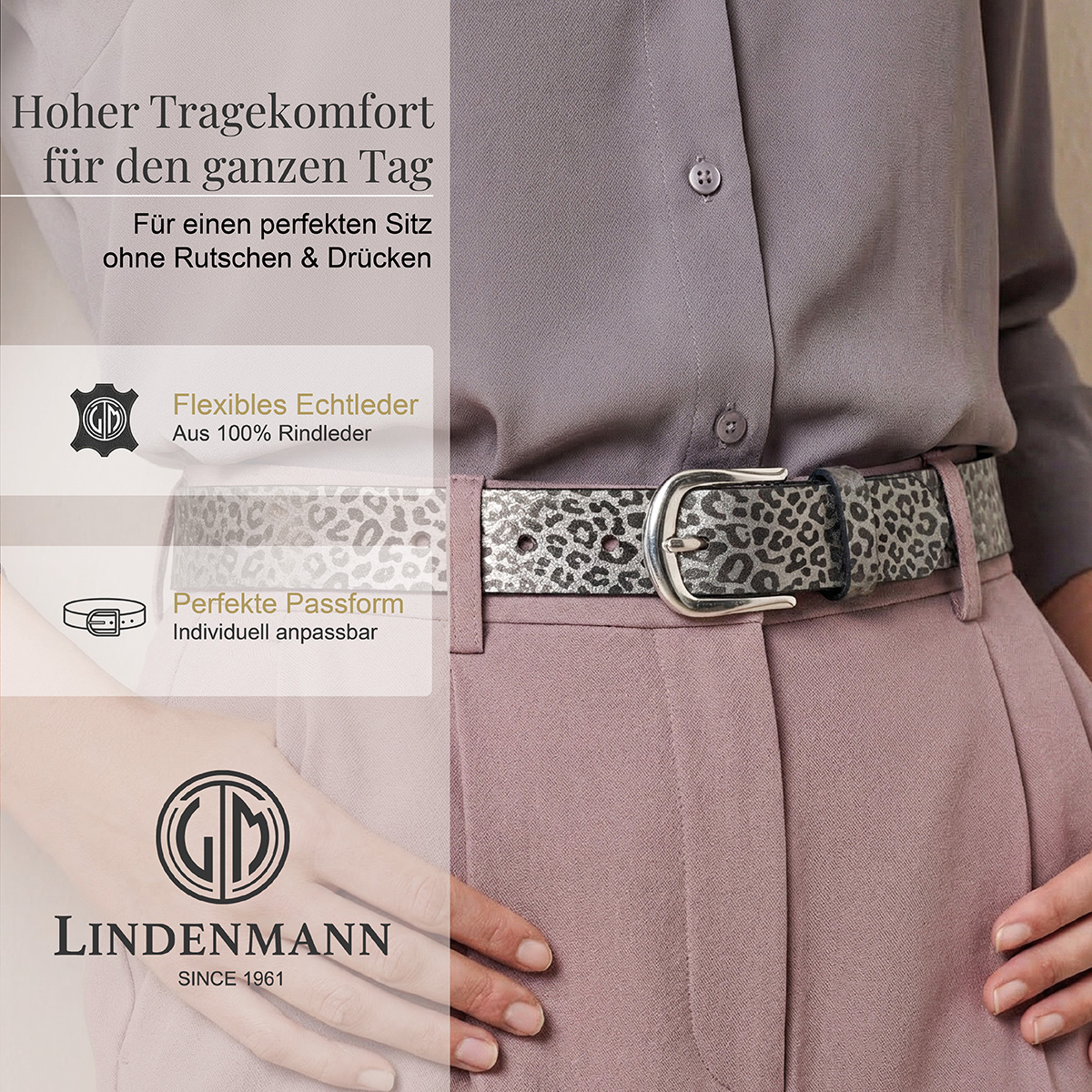 Gürtel, Leopardendruck, Lederoptik, Taillenhöhe, Hose/Outfit, LINDENMANN Rindleder Damengürtel Grau mit Leopardmuster
