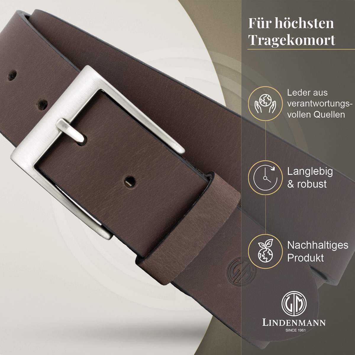 LINDENMANN Herren Jeansgürtel Echtleder dunkelbraun