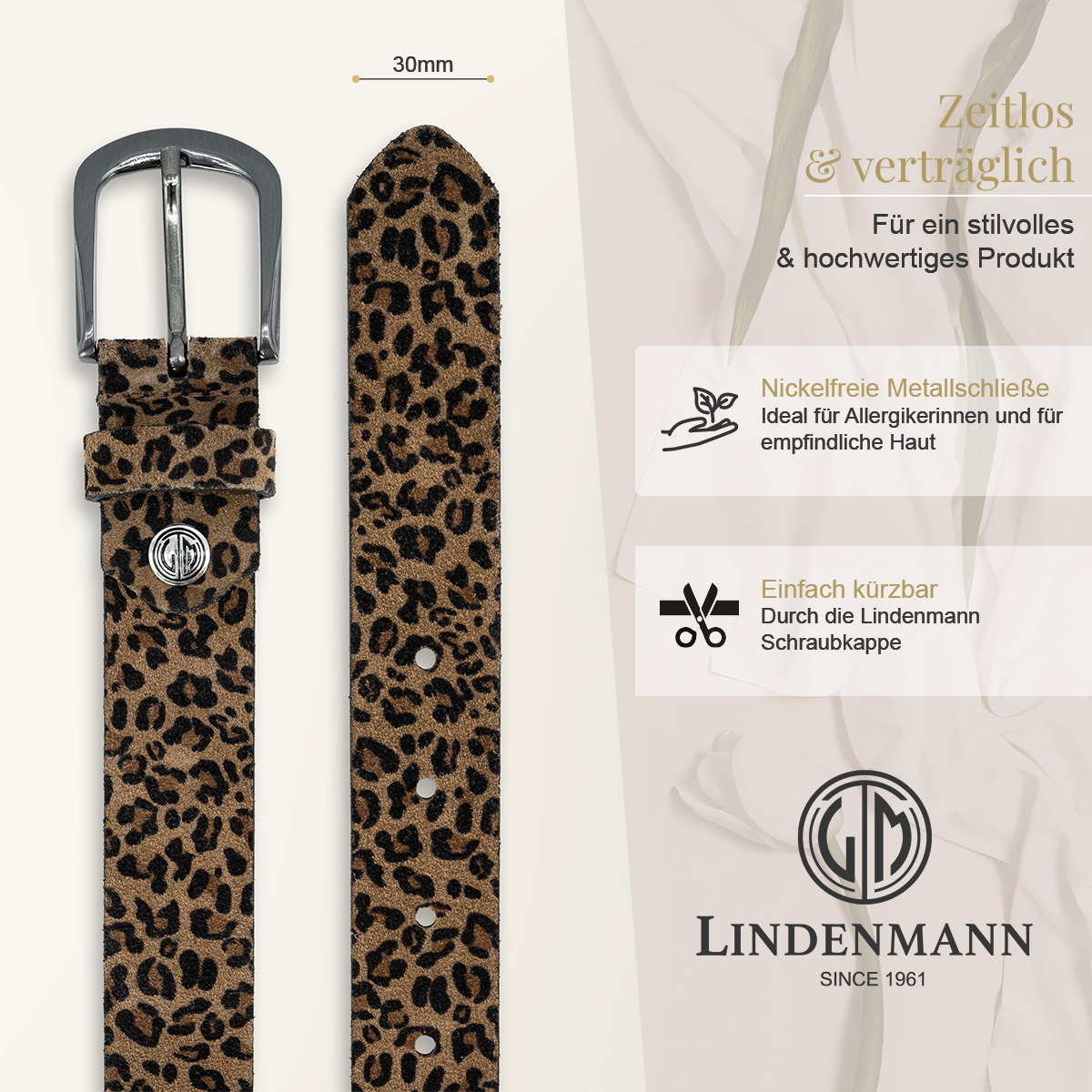 LINDENMANN Veloursleder Damengürtel Nussbraun mit Leopardprägung