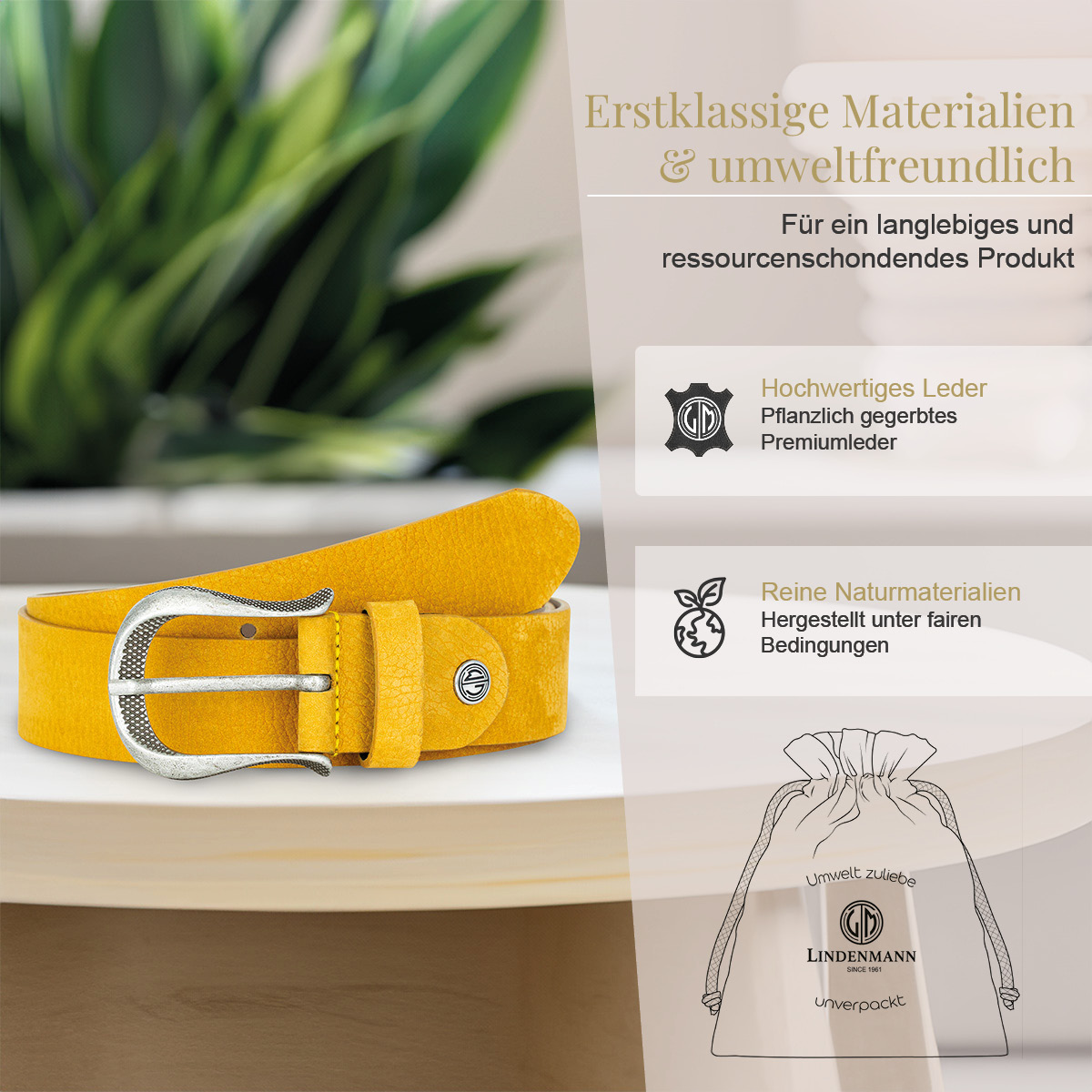 LINDENMANN Nubuk Vollrindleder Damengürtel Gelb