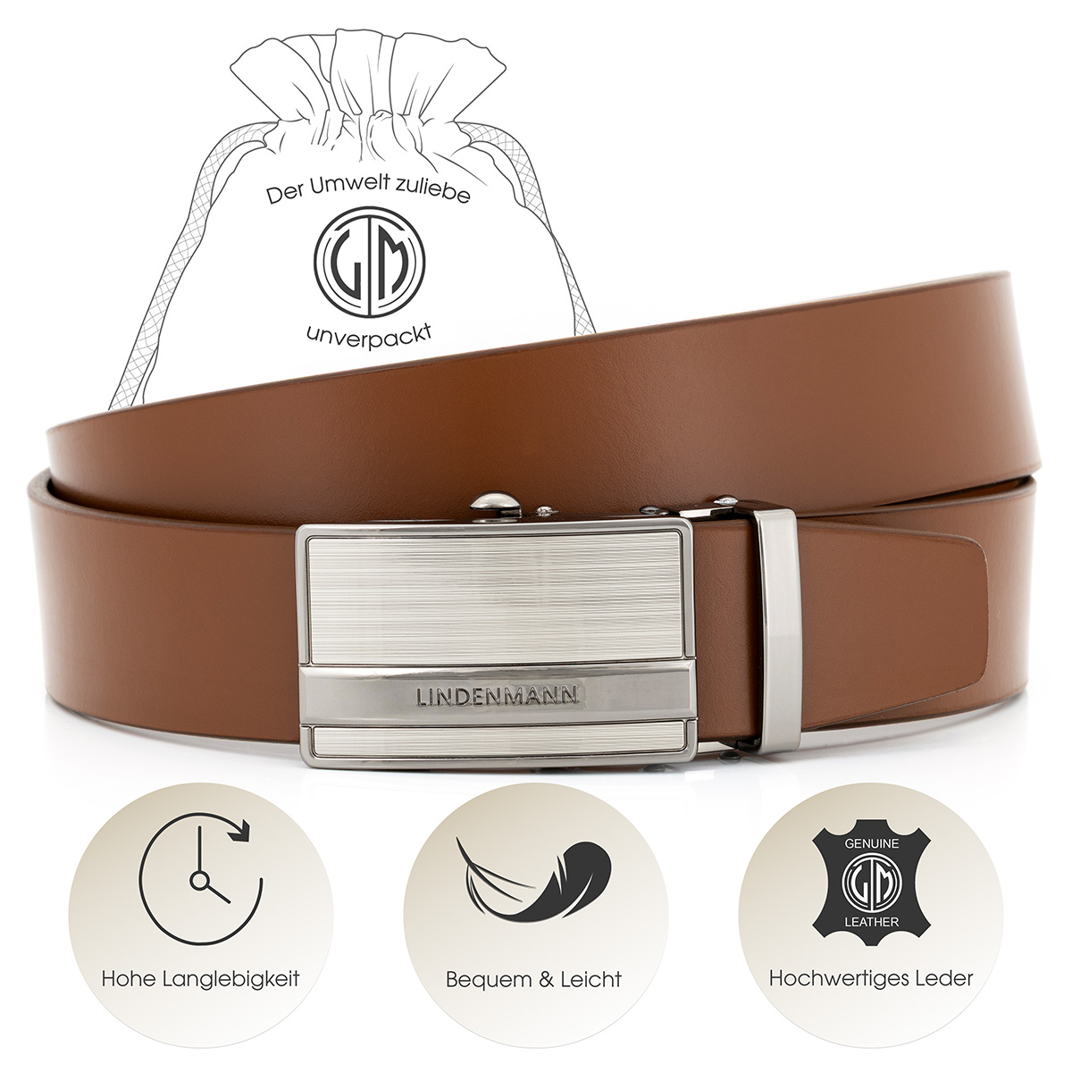 LINDENMANN Ledergürtel Automatikgürtel Herren cognac