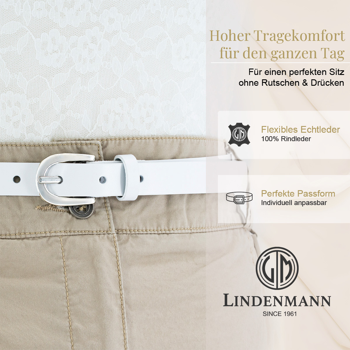 LINDENMANN Rindleder Damengürtel Schneeweiß