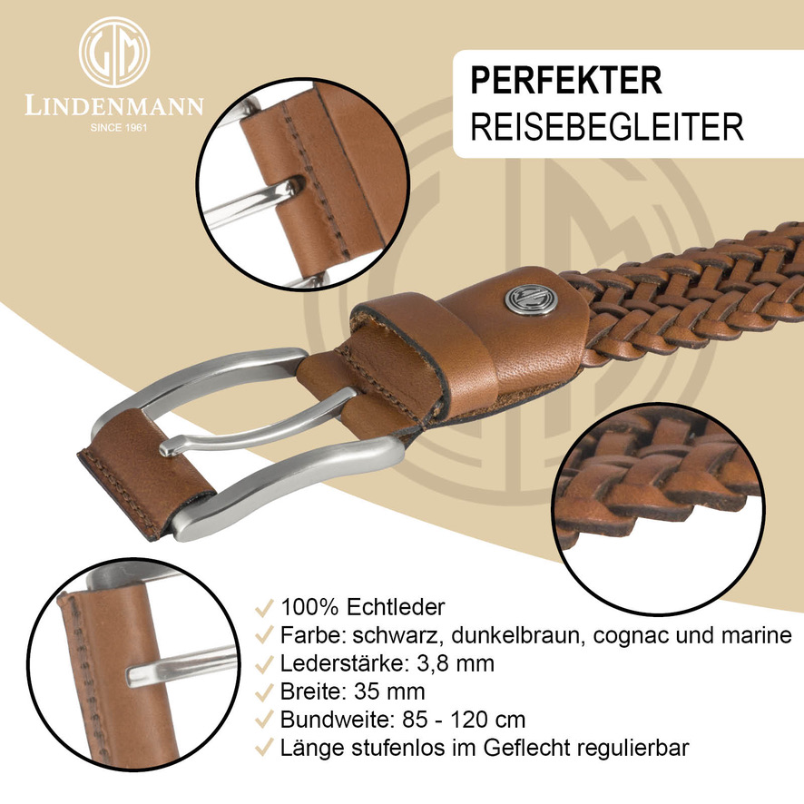 LINDENMANN Flecht-Leder-Gürtel Herren Jeans-Gürtel 35 mm