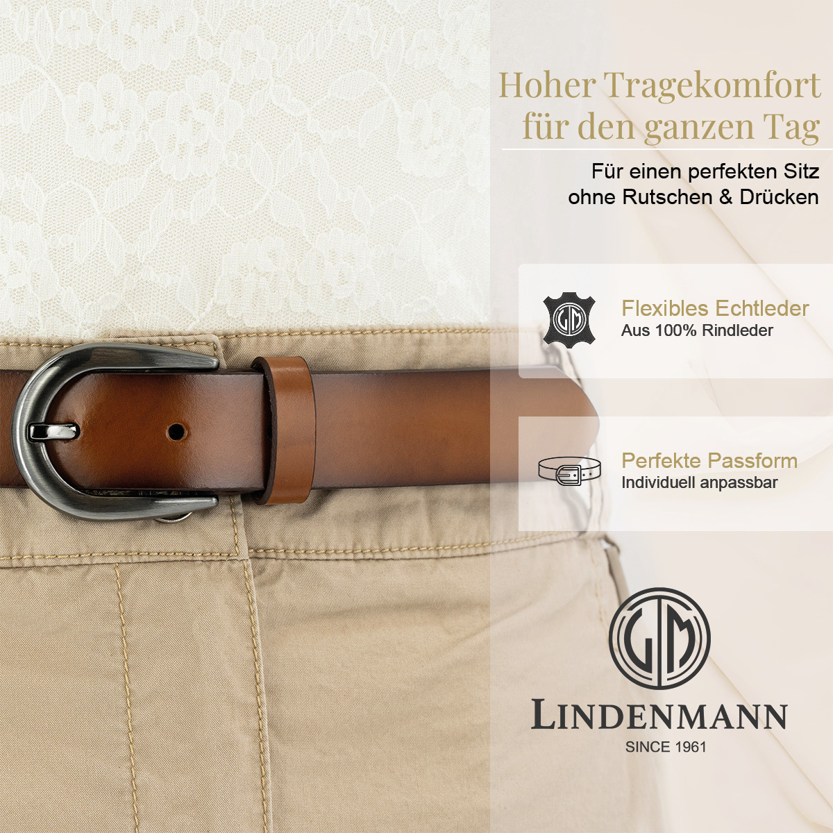 LINDENMANN Rindsleder Damengürtel Cognac