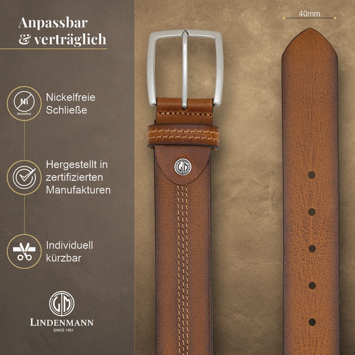 LINDENMANN Vollrindledergürtel Herren Cognac