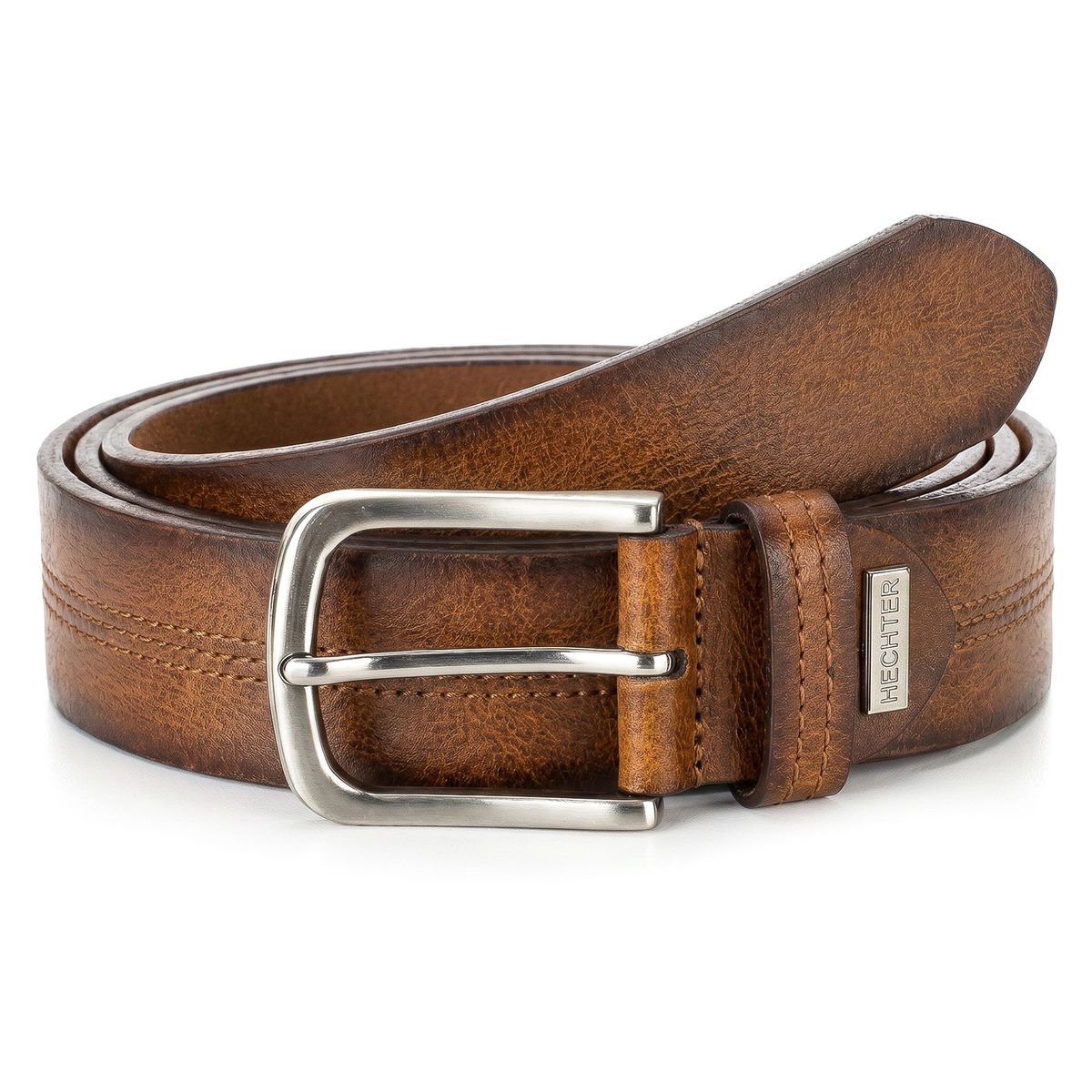 Gürtel, Leder, Braun, Gürtelschnalle, Streifen-Detail, HECHTER Paris Herren Casual 100% Echtledergürtel cognac