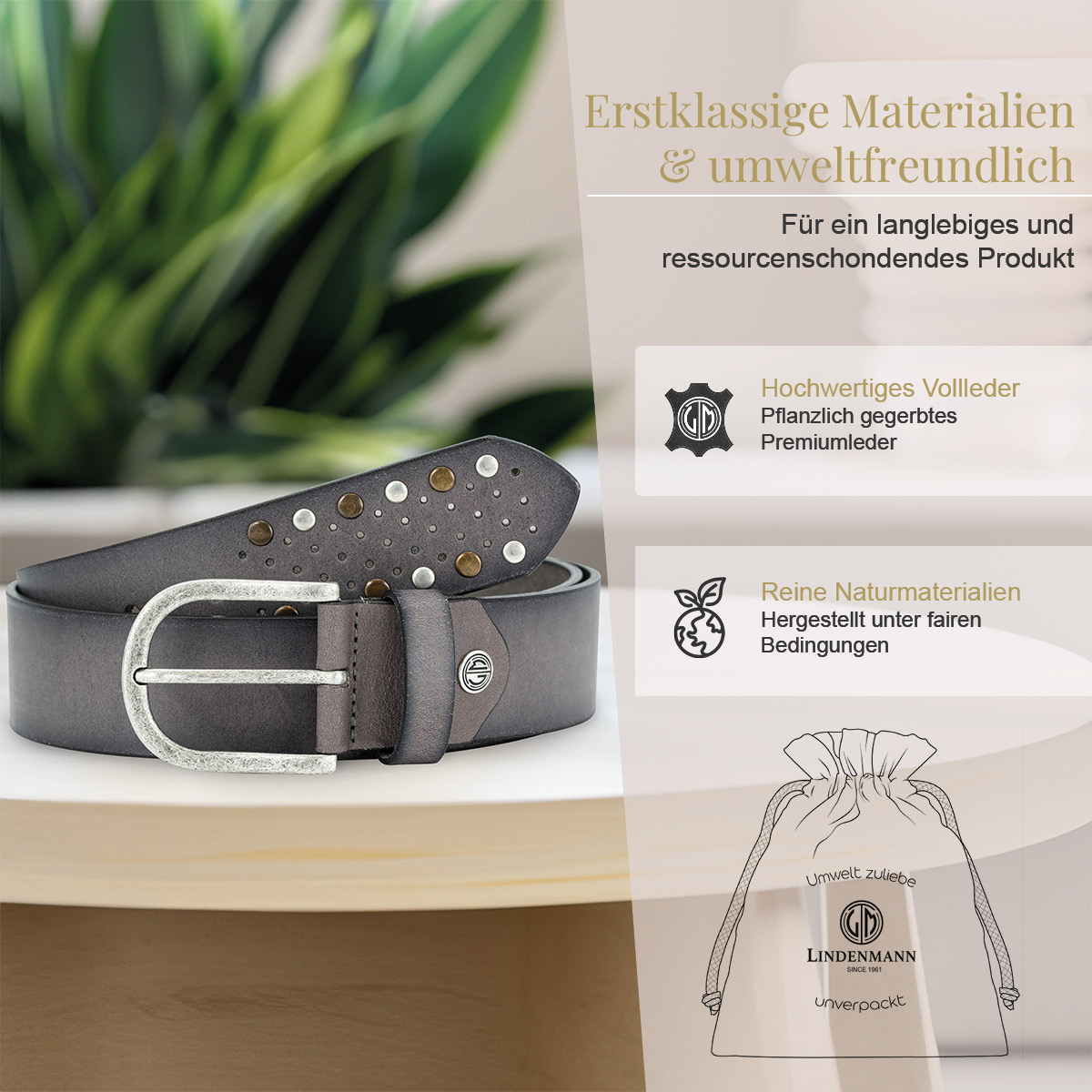 LINDENMANN Vollrindsleder Damengürtel Urbanes Grau