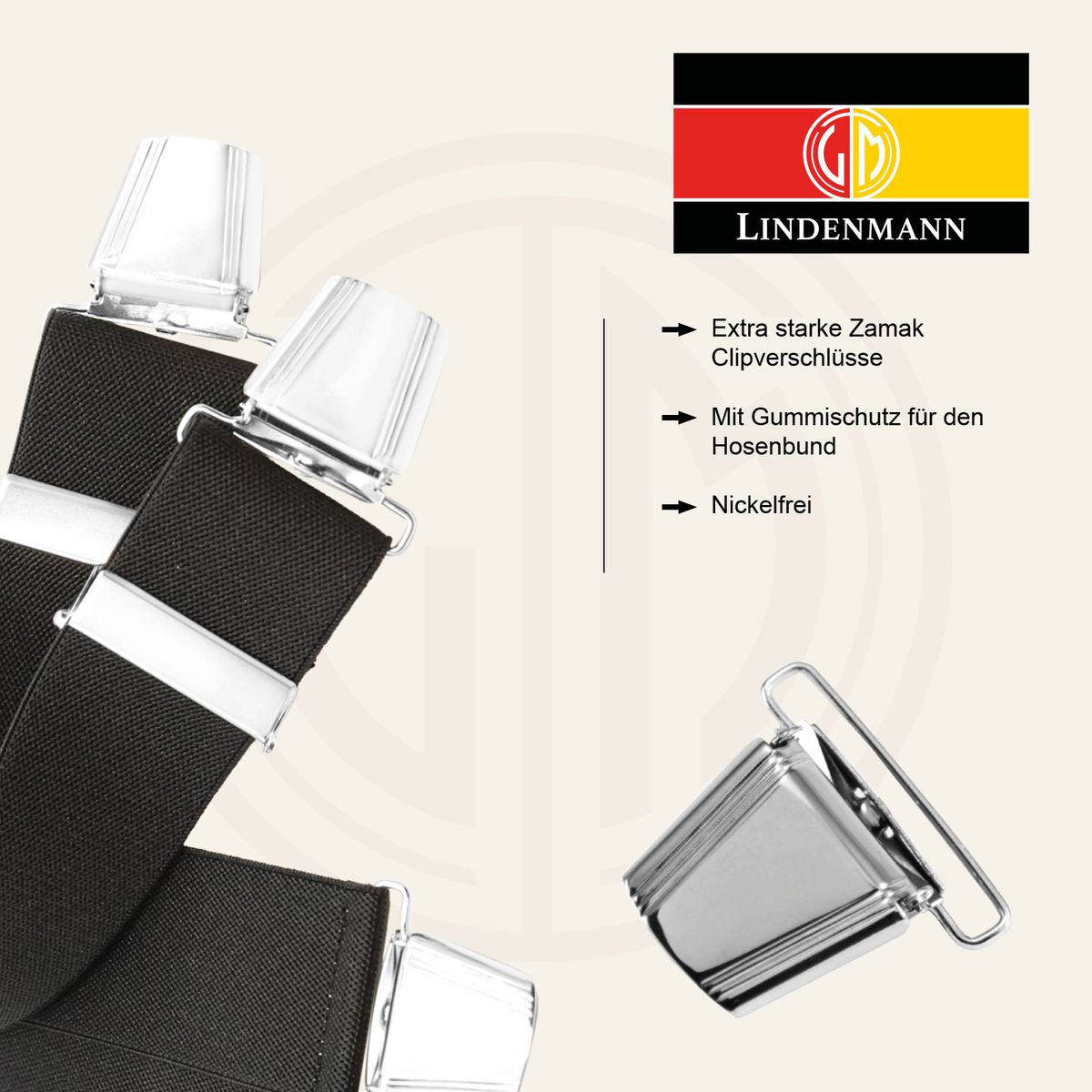 LINDENMANN Hosenträger Herren grau X-Form elastisch und längenverstellbar Made in Germany